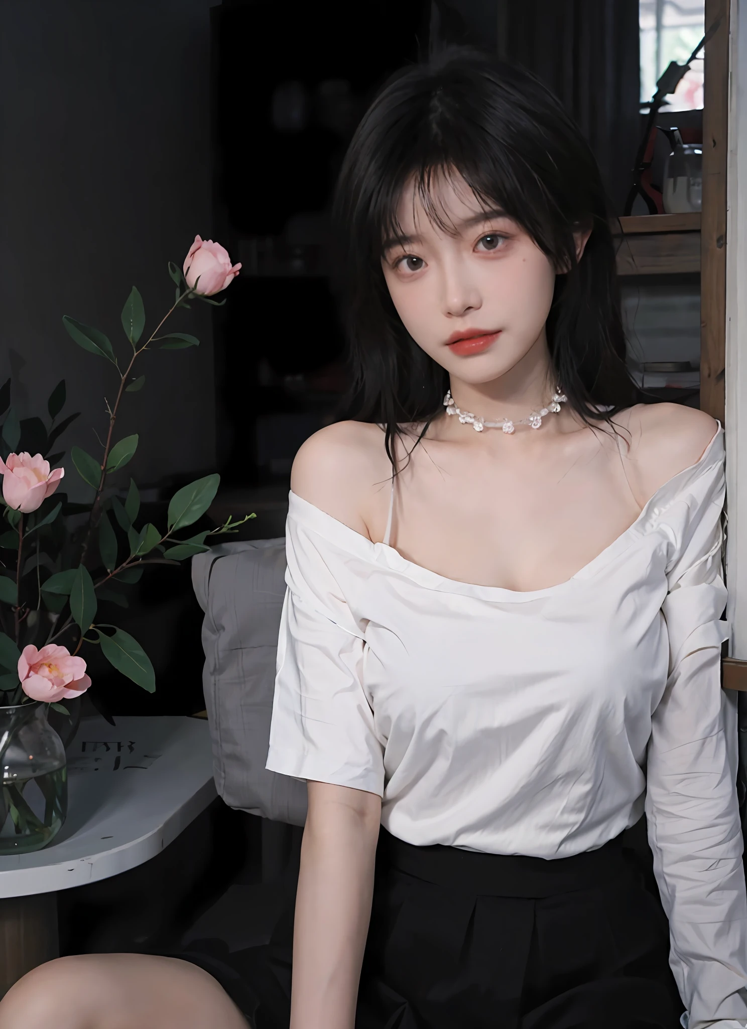 best qualtiy, 超高分辨率, (realisticlying:1.4), 1girll, A pair of clear and moving peach blossom eyes,Royal sister,Off-shoulder white shirt, Black tight skirt, a black choker, (Faded gray-gray hair:1), (:1.2), looking at viewert, closeup cleavage ,