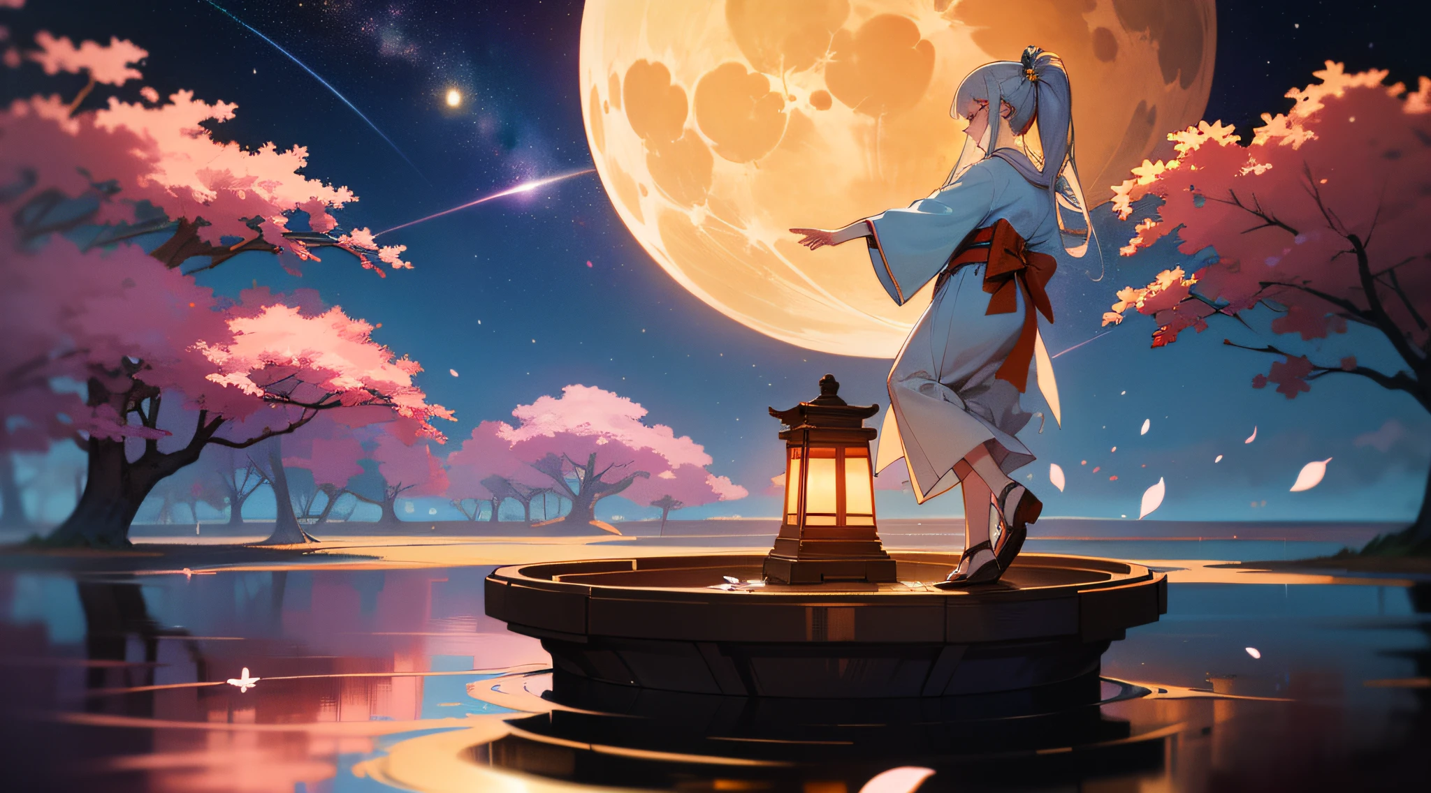 Open landscape , Landscape , Panorama shot , (Looking up, Looking down), Shrine maiden looking up, (Full moon: 1. 2), (Shooting star: 0. 9), (Nebula: 1. 3), Starry sky, Shining lantern, Fantastic cherry blossom tree, Trees, (Warm light source: 1. 2), (Firefly: 1. 2), Lamp 3), Starry sky, Torii gate, (Warm light source: 1. 2), ( (Firefly: 1. 2), Lamp, Orange and Blue Fine Detail, (Masterpiece: 1. 2), (Best Quality), 4k, Ultra Fine Detail, (Dynamic Composite: 1. 2), (Best Quality), Lamp, Orange and Blue Voluminous Lighting Main Fine Detail BREAK ((Masterpiece: 1.2), (Best Quality), 4k, Ultra Fine Detail, (Dynamic Composite: 1.4), Very Fine Detail, Colorful Detail, (Iridescent: 1. 2), (Luminous Lighting, Ambient Lighting), Dream like ( Ambient Lighting), dreamy, fantastic, (Solo: 1.2), sparkling, petals dancing, dancing light, white hair, beautiful hair, long hair, dancing hair, back view, puddle, dynamic pose, priestess outfit, priestess, red kimono