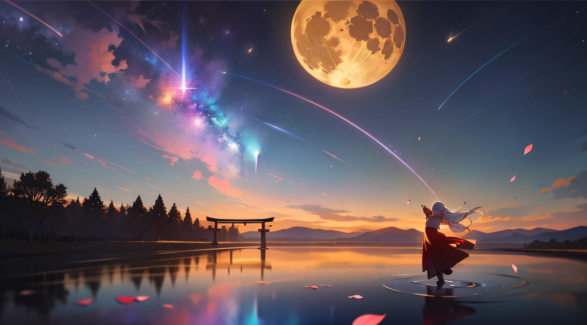 Open landscape , Landscape , Panorama shot , (Looking up, Looking down), Shrine maiden looking up, (Full moon: 1. 2), (Shooting star: 0. 9), (Nebula: 1. 3), Starry sky, Shining lantern, Fantastic cherry blossom tree, Trees, (Warm light source: 1. 2), (Firefly: 1. 2), Lamp 3), Starry sky, Torii gate, (Warm light source: 1. 2), ( (Firefly: 1. 2), Lamp, Orange and Blue Fine Detail, (Masterpiece: 1. 2), (Best Quality), 4k, Ultra Fine Detail, (Dynamic Composite: 1. 2), (Best Quality), Lamp, Orange and Blue Voluminous Lighting Main Fine Detail BREAK ((Masterpiece: 1.2), (Best Quality), 4k, Ultra Fine Detail, (Dynamic Composite: 1.4), Very Fine Detail, Colorful Detail, (Iridescent: 1. 2), (Luminous Lighting, Ambient Lighting), Dream like ( Ambient Lighting), dreamy, fantastic, (Solo: 1.2), sparkling, petals dancing, dancing light, white hair, beautiful hair, long hair, dancing hair, back view, puddle, dynamic pose, priestess outfit, priestess, red kimono