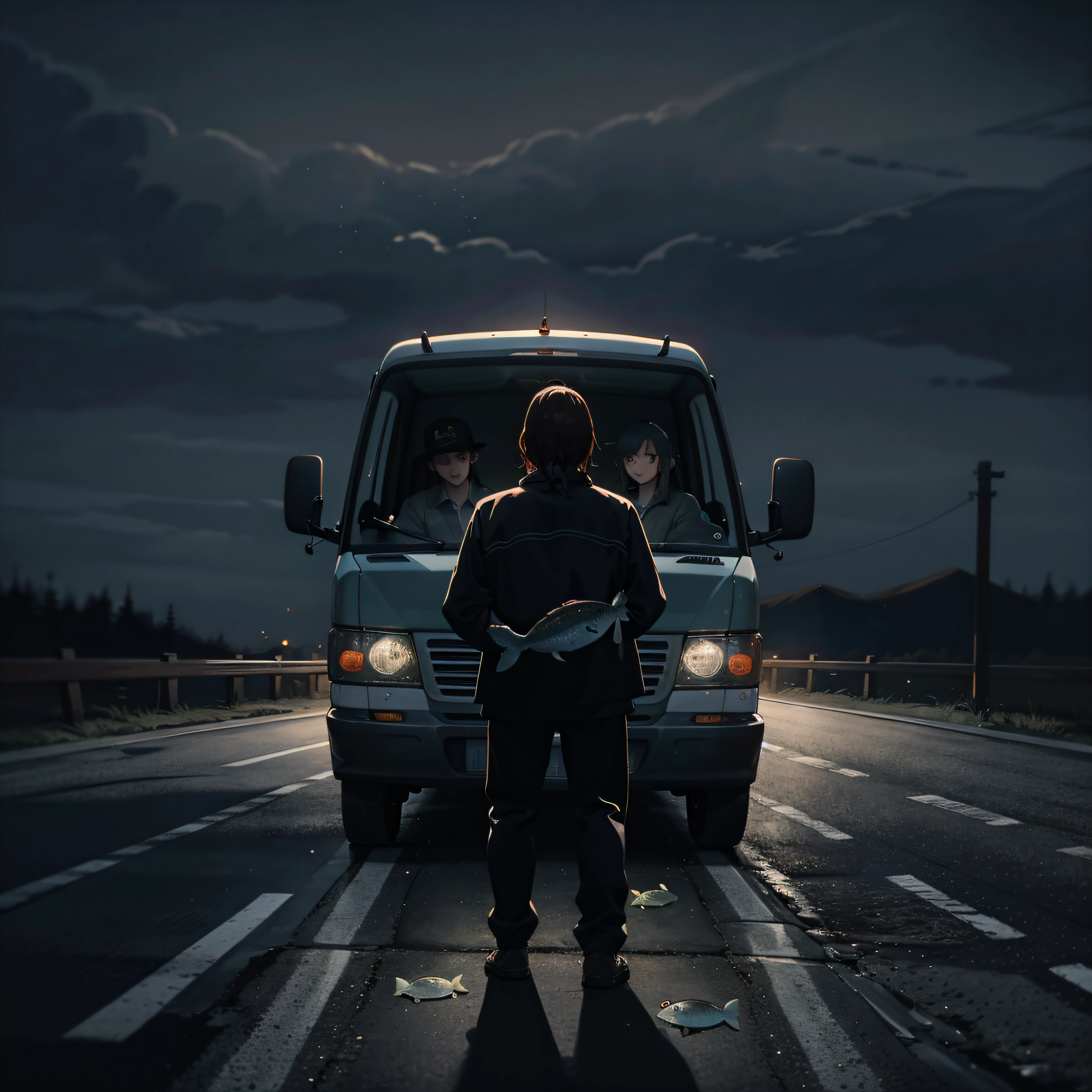 /imagine prompt: A run-down van driving on a dark rural road with a fishy smell inside, several strangers sitting in the car, including a fisherman carrying a bucket of dead fish. Suddenly, an unknown figure sneaks into the car, causing everyone to turn their heads towards the door,