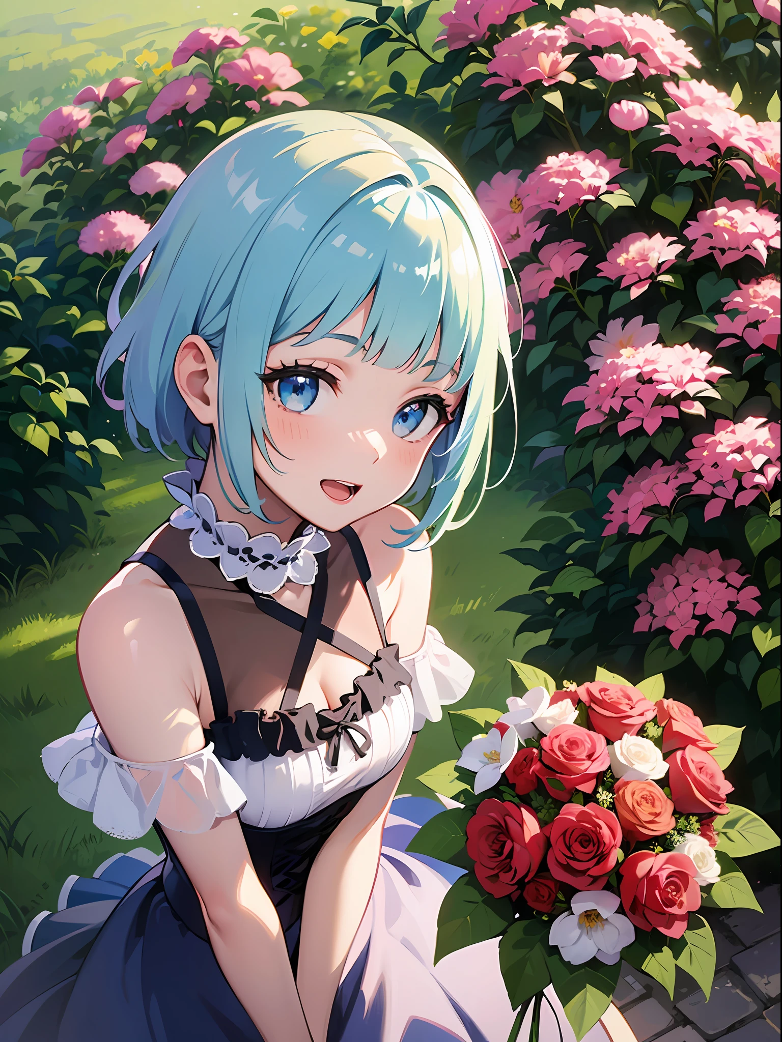 (masterpiece:1.3), (best quality:1.3), high resolution,
from above, dutch angle, couboy shot,
leaning forward, (holding:1.1), body facing forward,
(one cute girl:1.3), solo,
white skin, small Breast, eight-headed person,
light blue hair, (bobbed hair:1.2), (short hair:1.2), (blunt bangs:1.2), beautiful hair, blue eyes, beautiful detailed eyes,
open mouth, heart, cheerful smile,
frilled dress, (bouquet:1.1),
outdoors, flower garden, natural park,
shadowlighting,