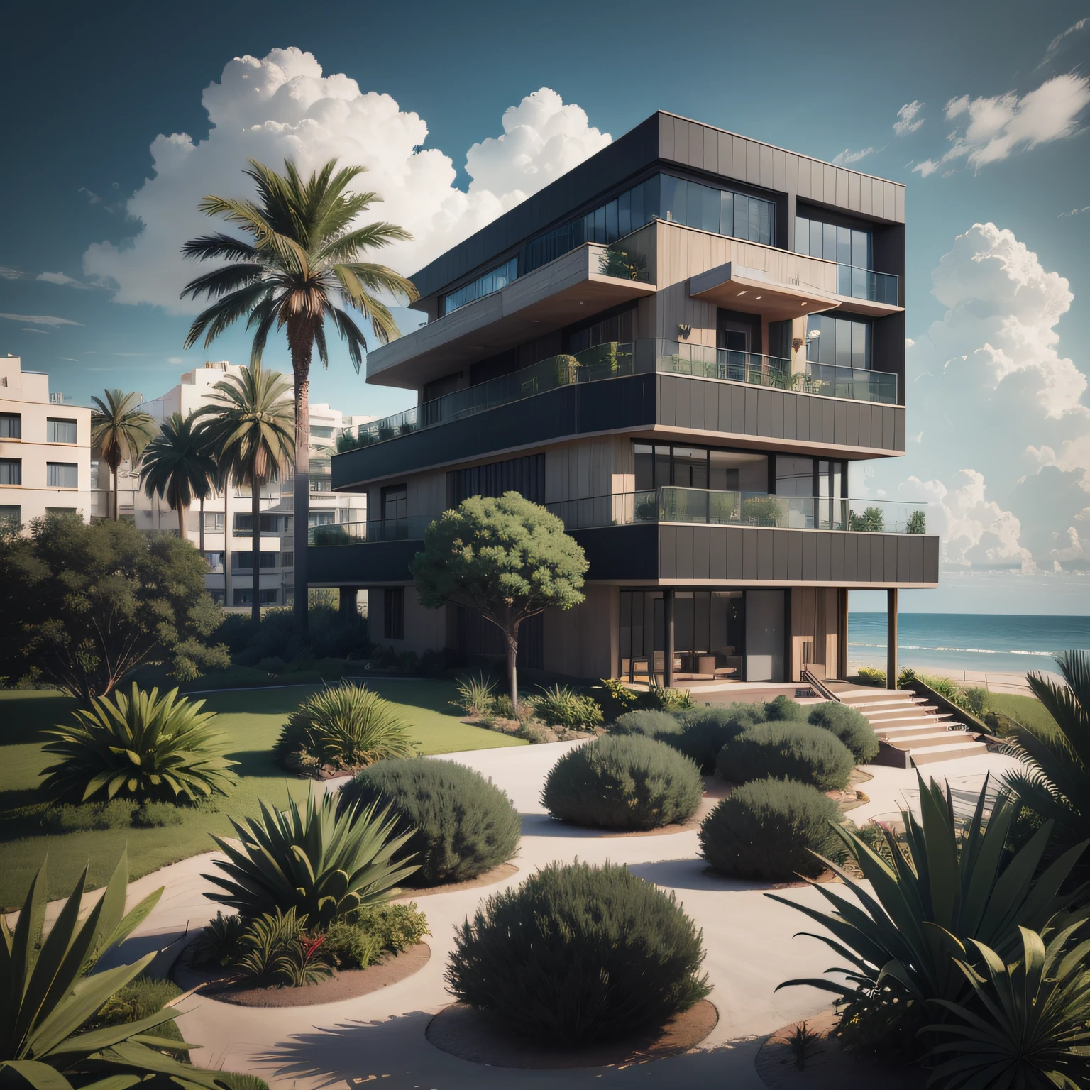 Grande hotel, Arquitetura futurista, building in the background, Architecture of a dark gray concrete building, madeira e vidro, Building with large lawn on the beach, Arquitetura moderna, grande piscina em frente ao hotel, restaurante interior com grandes fachadas em vidro, grandes candeeiros no interior, lots of vegetation around, hotel com 120 quartos, Arquitetura moderna, organic architecture, Geometria luxuosa, hiper-realista, Fantastic 8K architecture, UHD — AR 16: