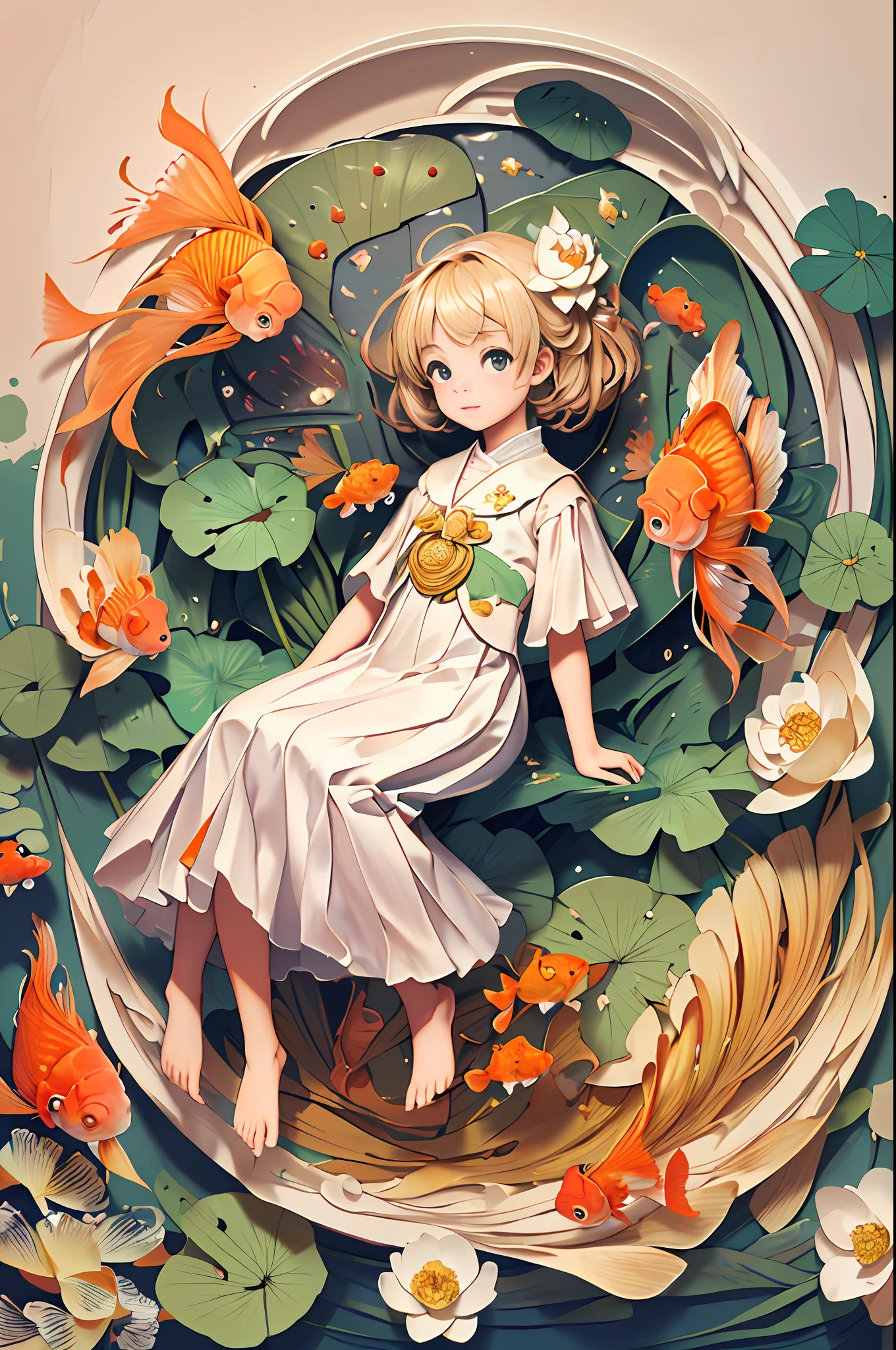 (Masterpiece), Best Quality, Illustration, Beautiful Details Glow, 1 Cute Little Girl, Cute Facial Features, Solo, Full Body, White Cloth, Lotus, (Goldfish), Unified 8k wallpaper, detailed, beautiful and aesthetic