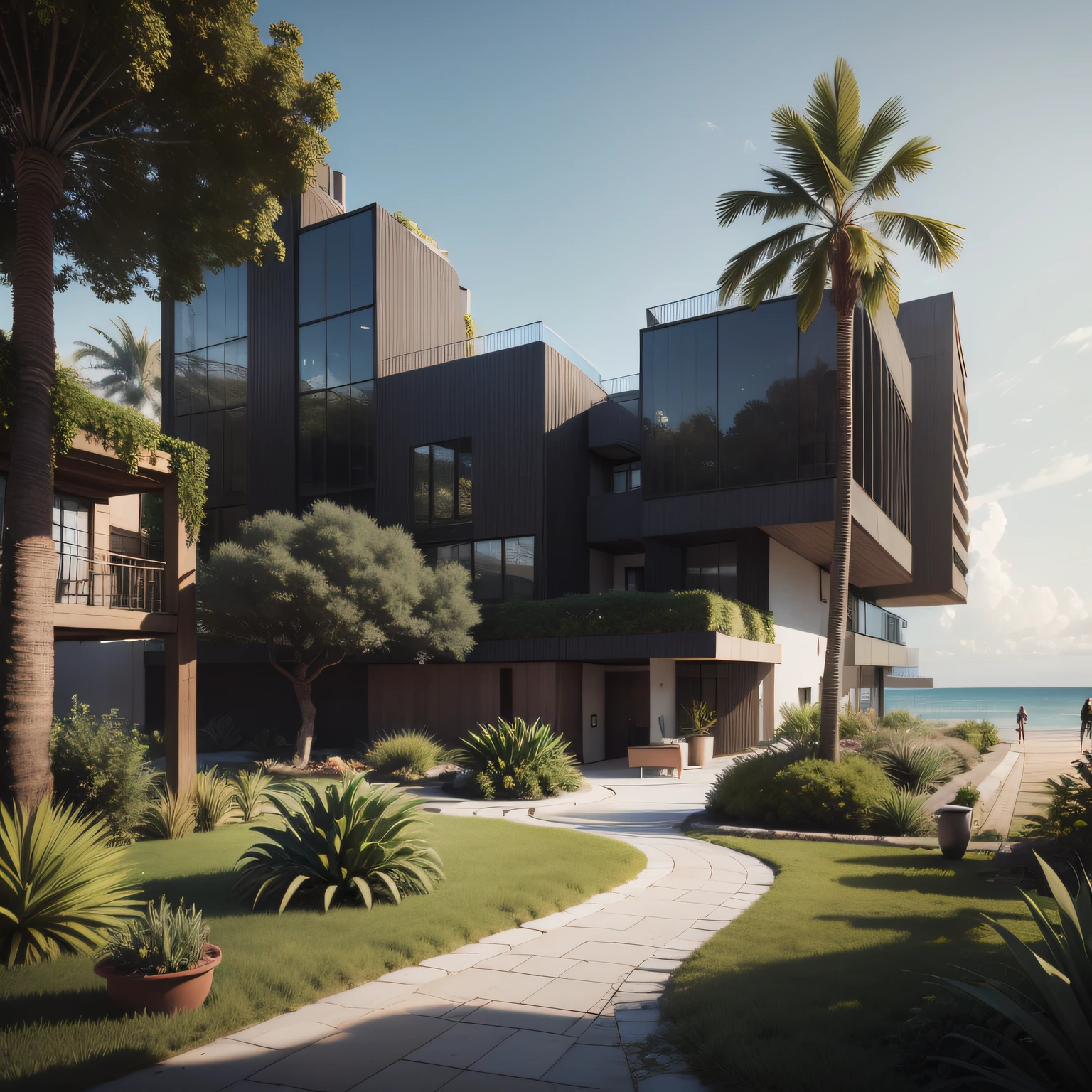 Grande hotel, Arquitetura futurista, building in the background, Architecture of a dark gray concrete building, madeira e vidro, Building with large lawn on the beach, Arquitetura moderna, grande piscina em frente ao hotel, restaurante interior com grandes fachadas em vidro, grandes candeeiros no interior, lots of vegetation around, hotel com 120 quartos, Arquitetura moderna, organic architecture, Geometria luxuosa, hiper-realista, Fantastic 8K architecture, UHD — AR 16: