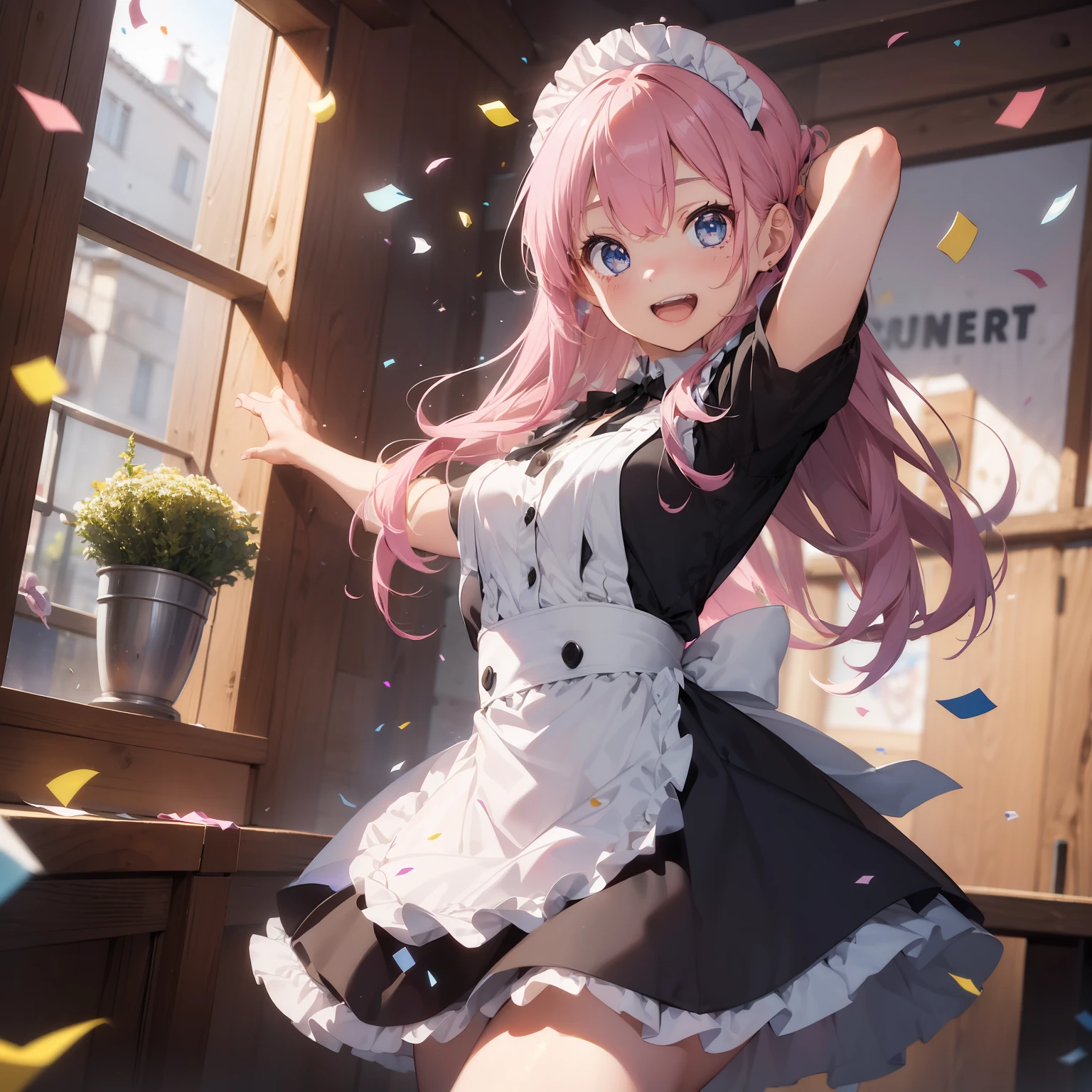 (superfine illustration:1.2),(masutepiece, 8K), (Best Quality, High quality:1.4), portlate、((Super Pastel)),Perfect Anatomy, Hyper Detailed, ultra-detailliert,masterpiece background,beautiful detailed background, V8K Wallpapers,perfect design, 1girl in, Solo, (Singing and dancing:1.4),(Confetti:1.4),(In one hand🎤)、)(Outstretched arms,slender, Very short sleeves,Pink hair,maid, Outstanding smile、frombelow, Cowboy Shot:1.2), (lightsmile, Open mouth, , Pink hair, (Super long hair,Twin-tailed), Blue eyes, Blue eyes, Black blouse, Short sleeves, maid apronl, white maid apron, Long black trousers, Long pants, long boots, Slender girl), (Inside a coffee shop in a fantasy world of medieval Europe)、(dynamic motion)、