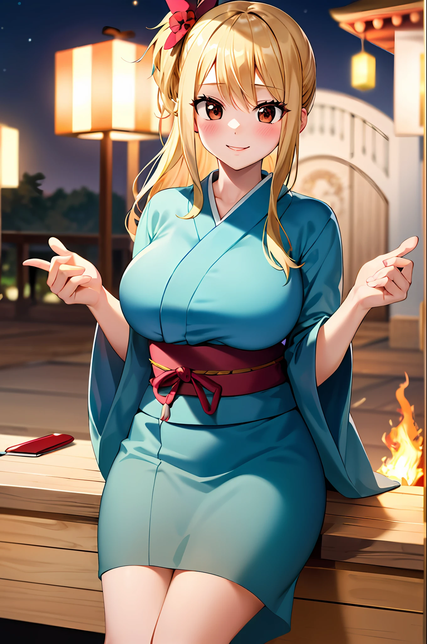 masterpiece, best quality, highres, lucy heartfilia, blonde hair, long hair, large breasts,yukata,cowboy shot, standing, looking at viewer, sitting, outdoor,night, summer festival,fire works,blush, shy, smile,