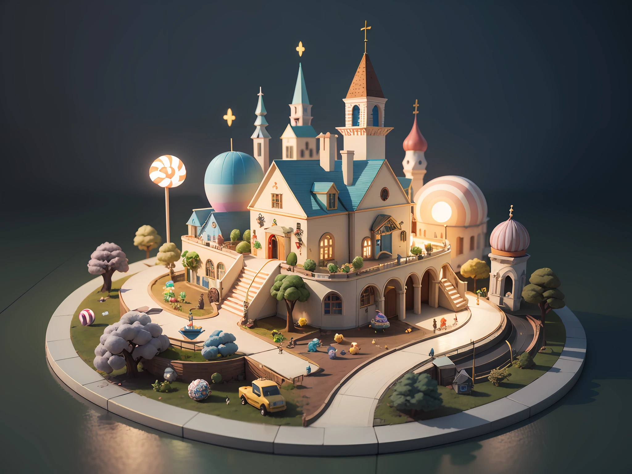 (cute world of candy, full size 3d candyland), highly detailed, super cute, superb lighting, volumetrics, by Jon Klassen, Ghibli Studio style, Tilt - shift, 80mm lens, unreal engine, Large aperture, 3d, blender, masterpiece, super detail, best quality, --v6