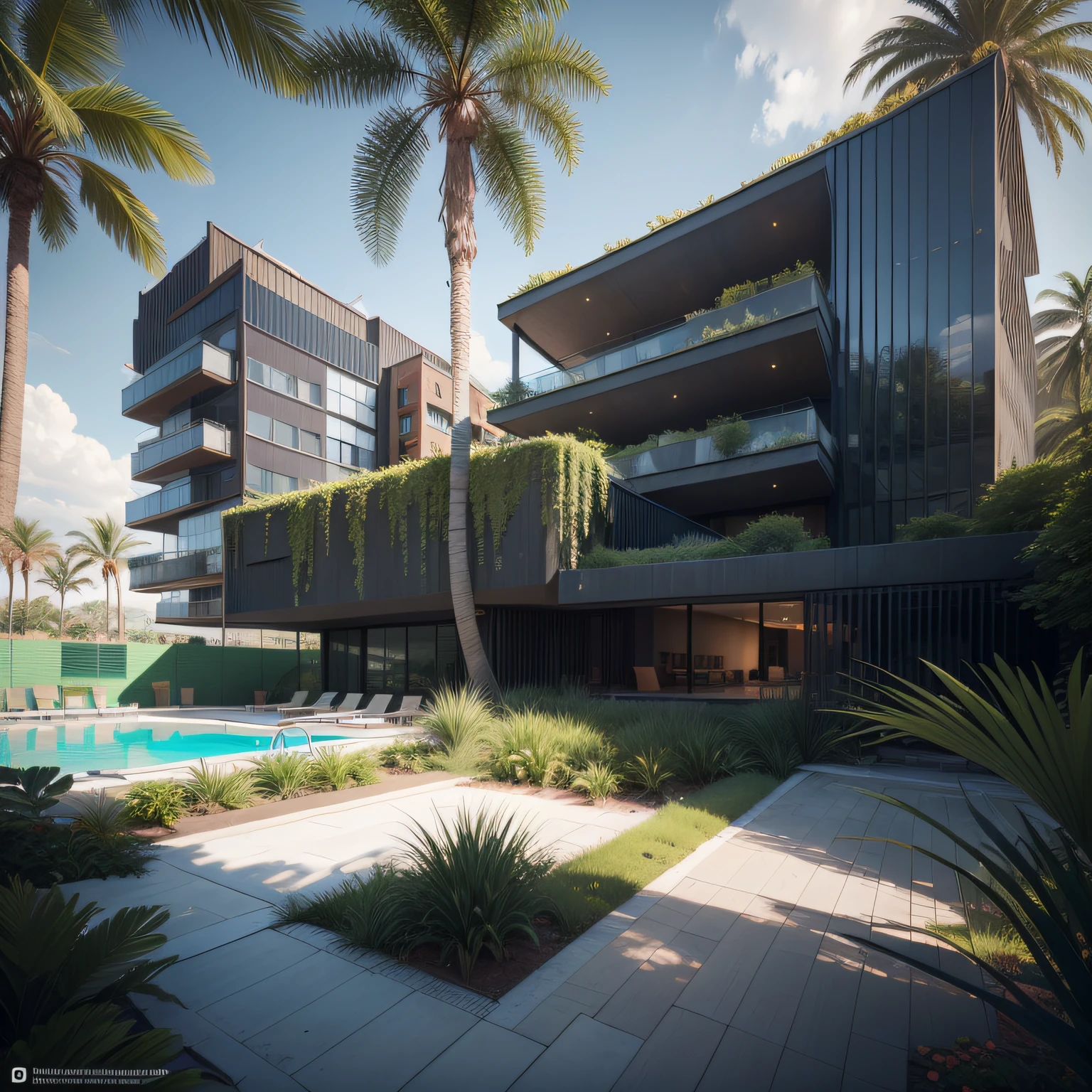 Grande hotel, Arquitetura futurista, building in the background, Architecture of a dark gray concrete building, madeira e vidro, Building with large lawn on the beach, Arquitetura moderna, grande piscina em frente ao hotel, restaurante interior com grandes fachadas em vidro, grandes candeeiros no interior, lots of vegetation around, hotel com 120 quartos, Arquitetura moderna, organic architecture, Geometria luxuosa, hiper-realista, Fantastic 8K architecture, UHD — AR 16: