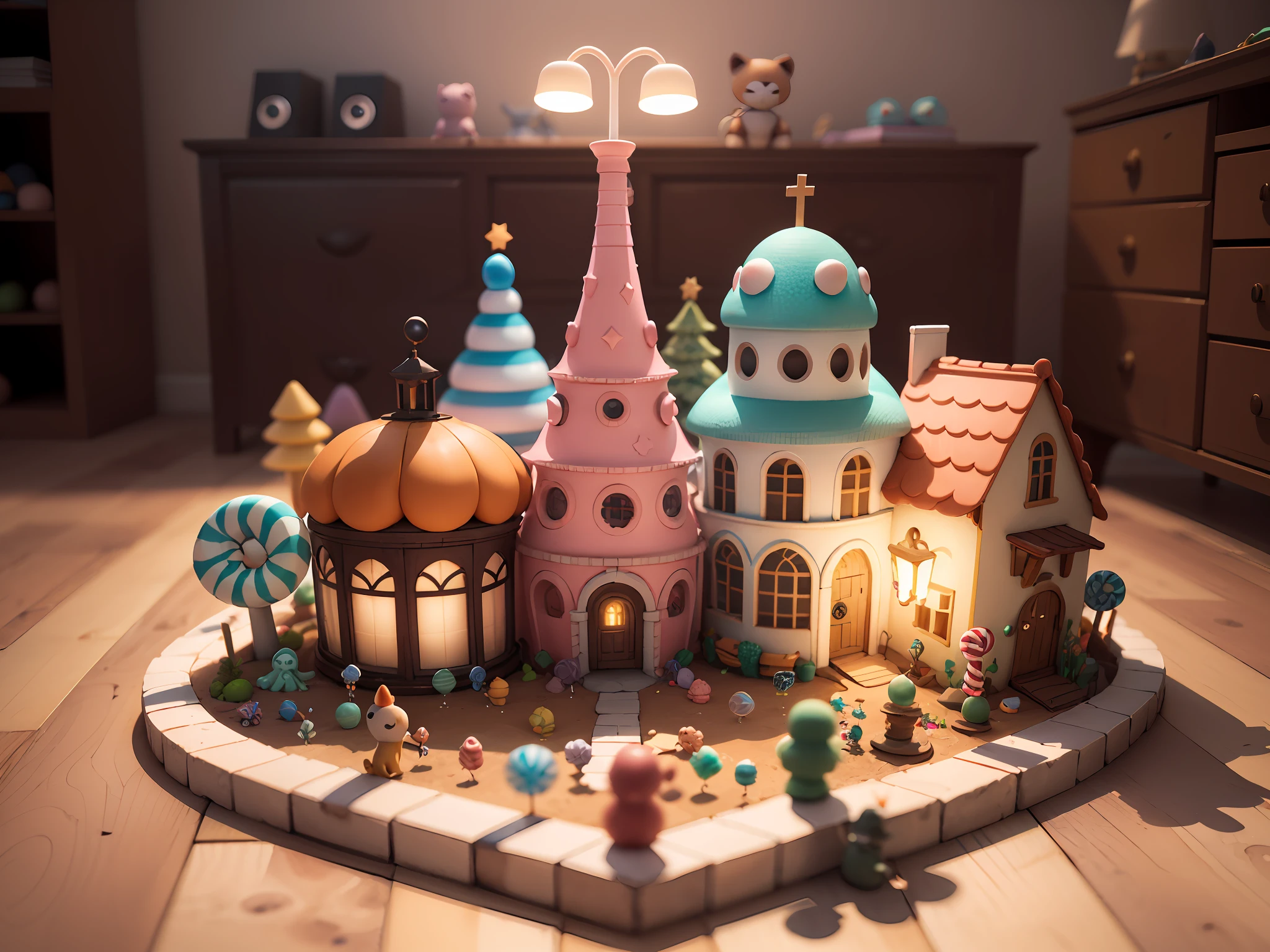 (cute world of candy, full size 3d candyland), highly detailed, super cute, superb lighting, volumetrics, by Jon Klassen, Ghibli Studio style, Tilt - shift, 80mm lens, unreal engine, Large aperture, 3d, blender, masterpiece, super detail, best quality, --v6
