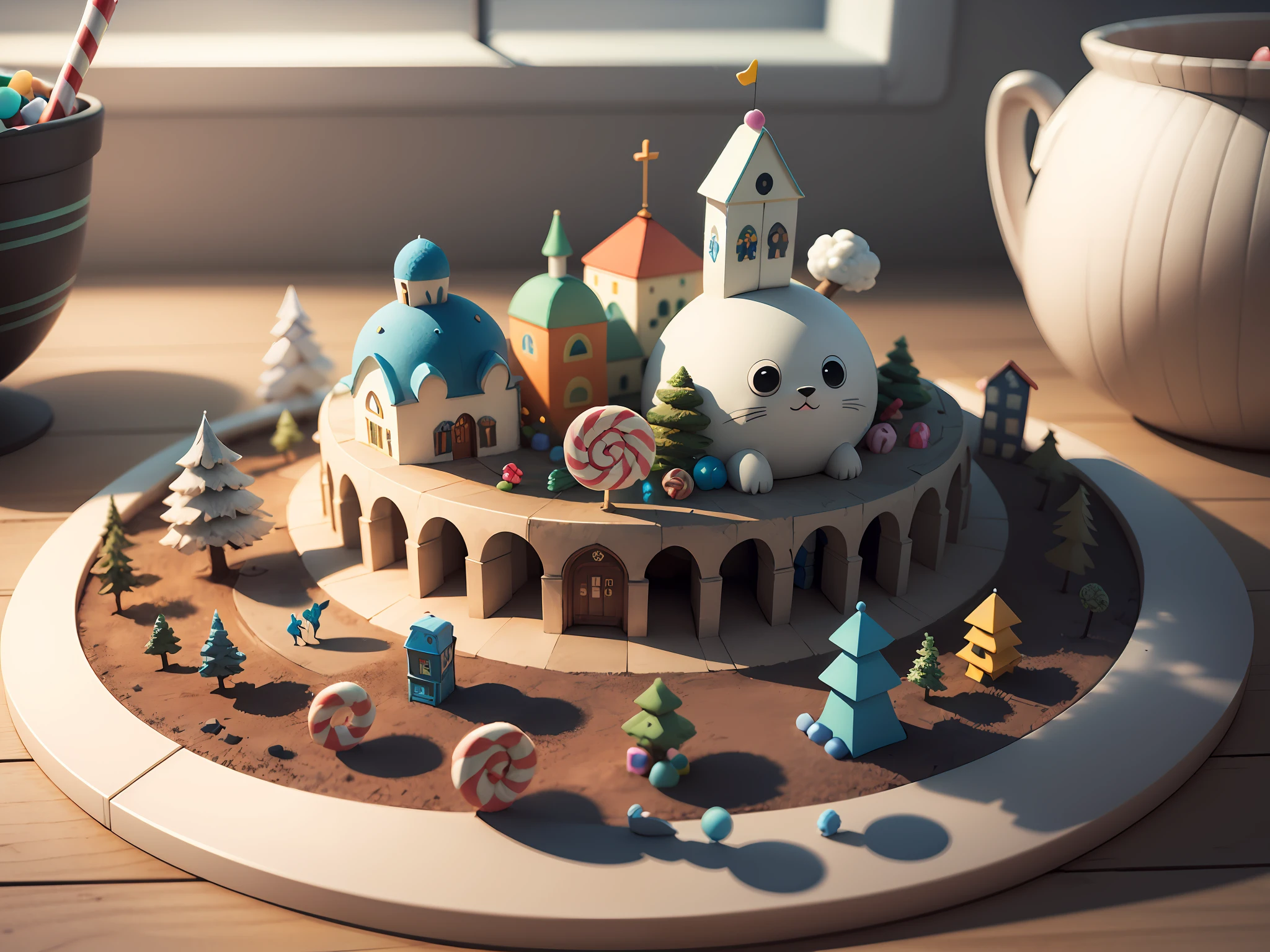 (cute world of candy, full size 3d candyland), highly detailed, super cute, superb lighting, volumetrics, by Jon Klassen, Ghibli Studio style, Tilt - shift, 80mm lens, unreal engine, Large aperture, 3d, blender, masterpiece, super detail, best quality, --v6