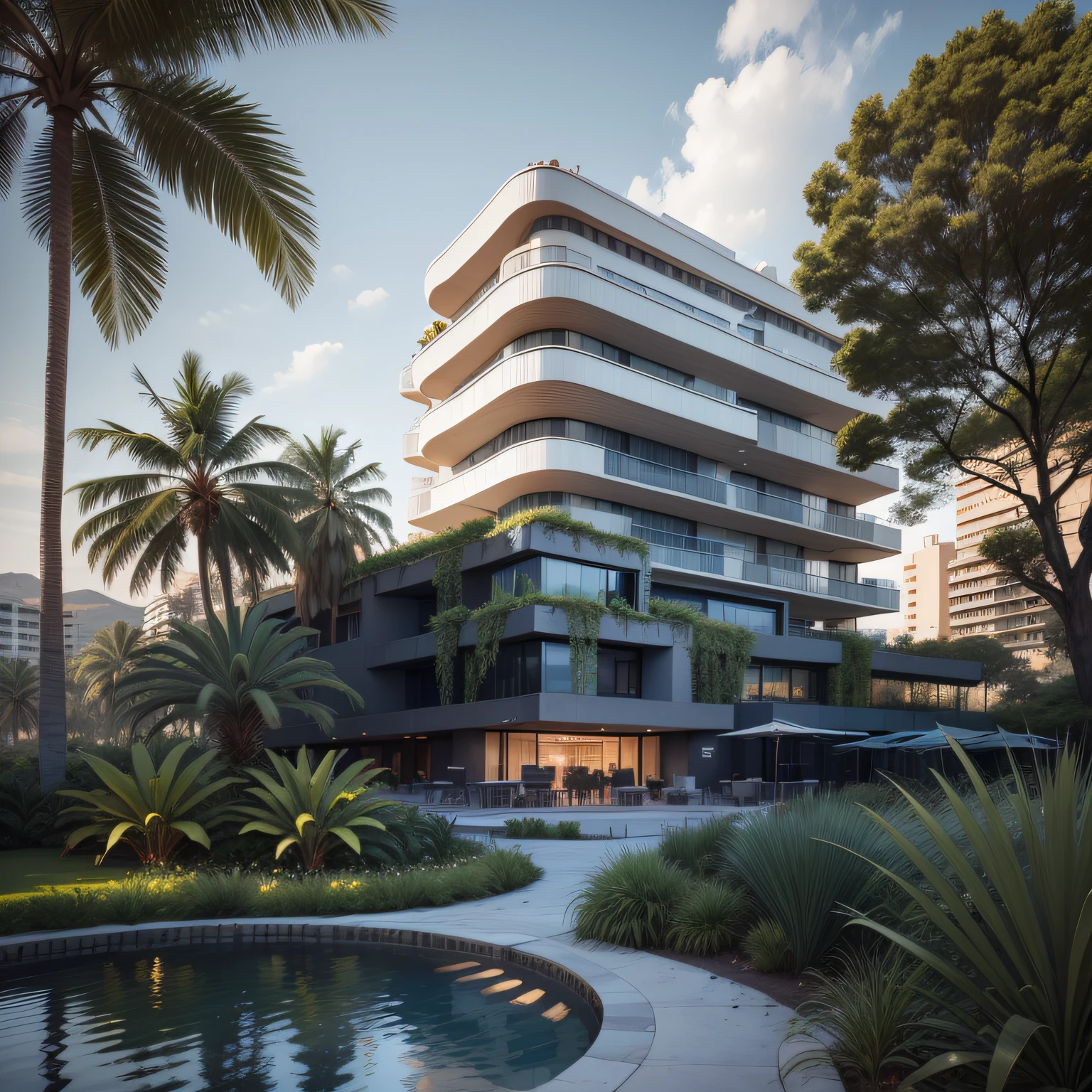 Grande hotel, Arquitetura futurista, building in the background, Architecture of a dark gray concrete building, madeira e vidro, Building with large lawn on the beach, Arquitetura moderna, grande piscina em frente ao hotel, restaurante interior com grandes fachadas em vidro, grandes candeeiros no interior, lots of vegetation around, hotel  com 120 quartos, Arquitetura moderna, organic architecture, Geometria luxuosa, hiper-realista, Fantastic 8K architecture, UHD — AR 16: