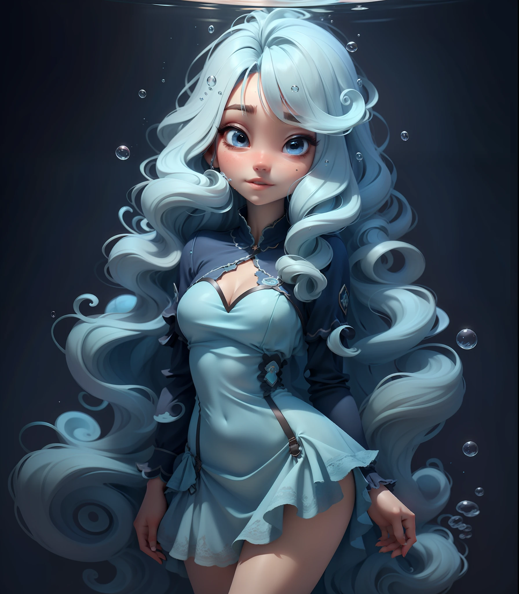 Slime girl, (aquarium)  wavy hair Long hair Blue light,water buble, water opera dress,buble area ,Masterpiece, Best Quality