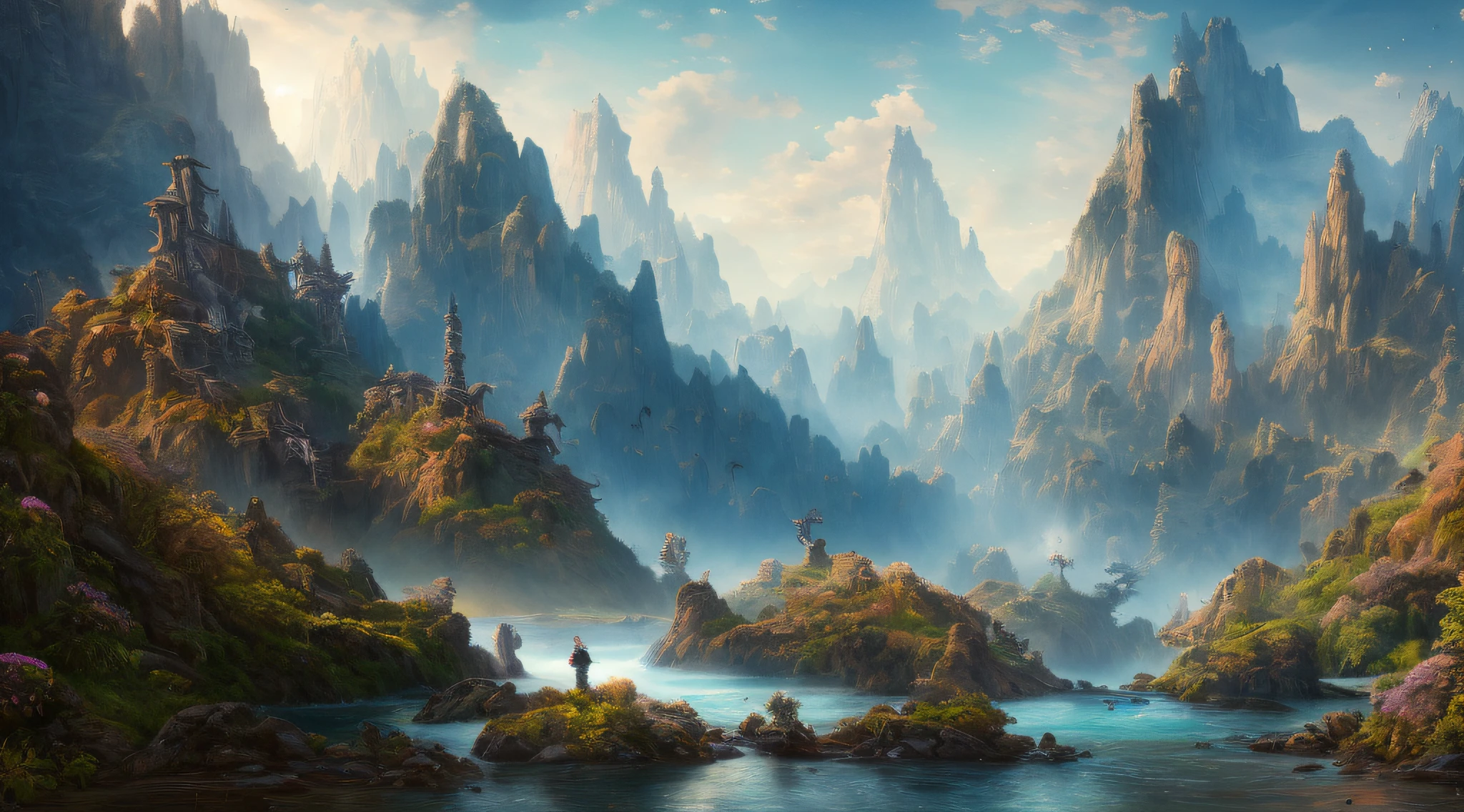 Masterpiece, best quality, high quality, extremely detailed CG unity 8k wallpaper, landscape, outdoor, sky, clouds, sky, no humans, mountain, landscape, water, tree, blue sky, waterfall, cliff, nature, lake, river , cloudy skies, award winning photography, bokeh, depth of field, HDR, bloom, chromatic aberration, photorealism, very detailed, trending on artstation, trending on CGsociety, intricate, high detail, dramatic, half way art