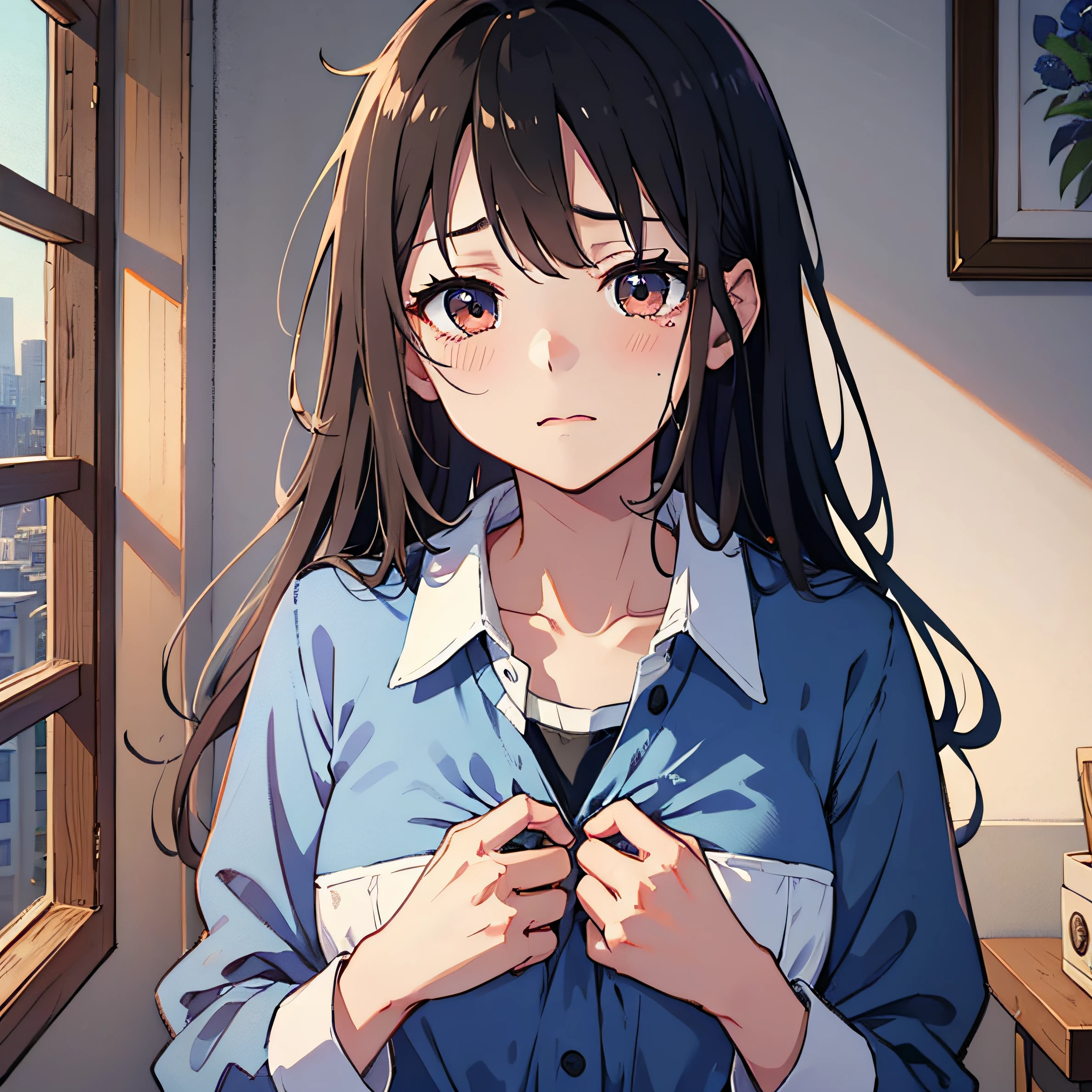 younger sister、Wearing a school uniform、See-through wets and bras、8K、top-quality、years、Looking at the camera、Cheeks red、I'm embarrassed、Delicate hand、Room、I like my brother、Put your brother's hand on your chest、shed tears