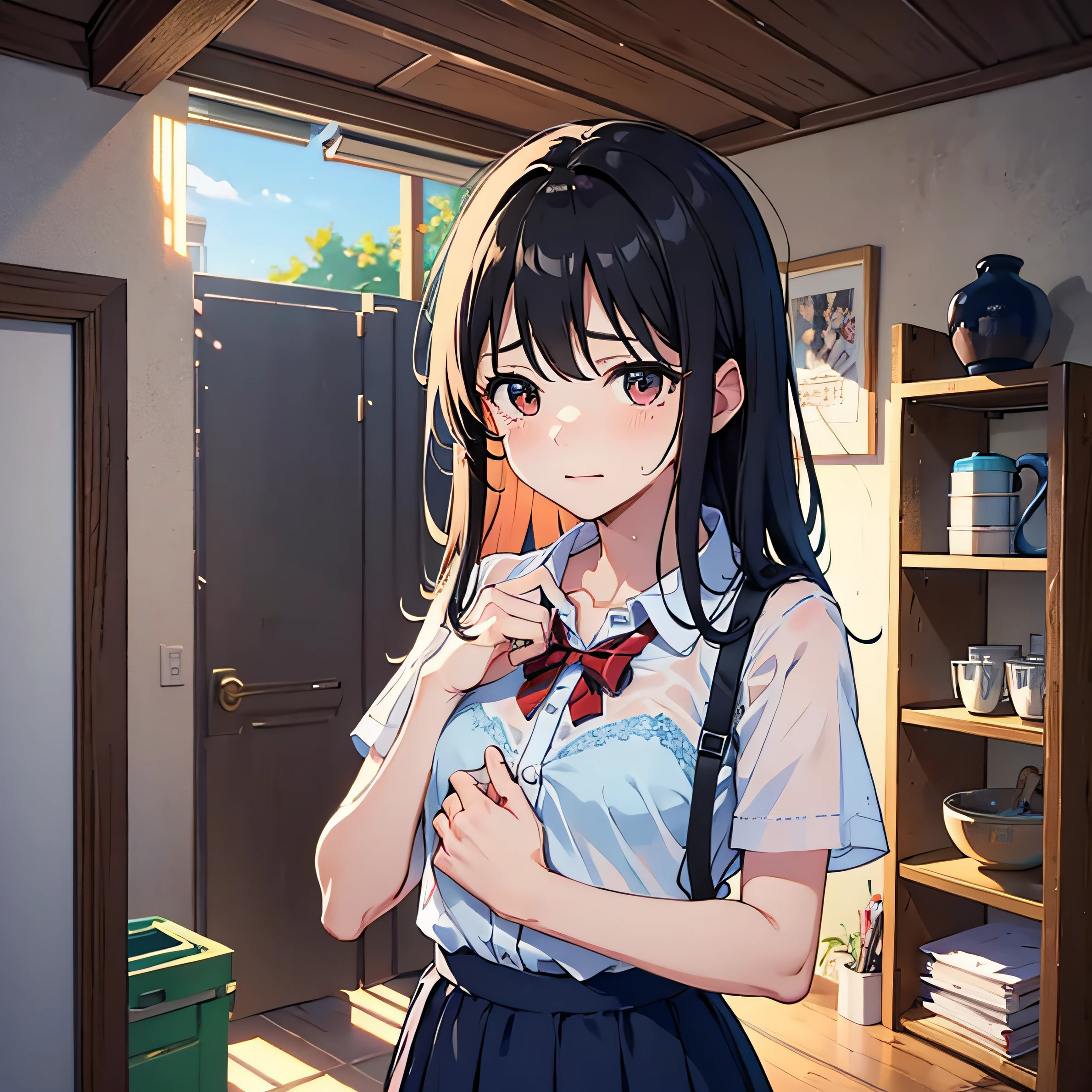 younger sister、Wearing a school uniform、See-through wet and bra、8K、top-quality、years、Looking at the camera、Cheeks red、I'm embarrassed、Delicate hand、Room、I like my brother、Put your brother's hand on your chest、shed tears