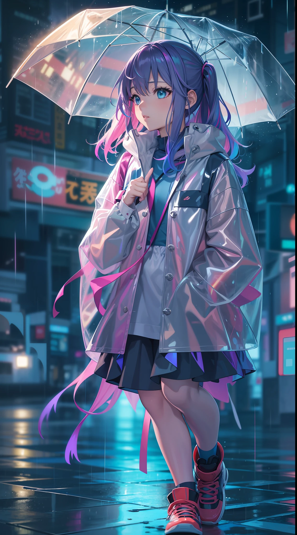 Anime girl standing in rain in raincoat, illustration iridescent, magically glowing, shiny colorful, holograph, By Yuumei, Anime art wallpaper 8 K, Guviz-style artwork, Anime art wallpaper 4k, Anime art wallpaper 4 K, girl in raincoat, Beautiful anime artwork, Digital anime art, Guviz