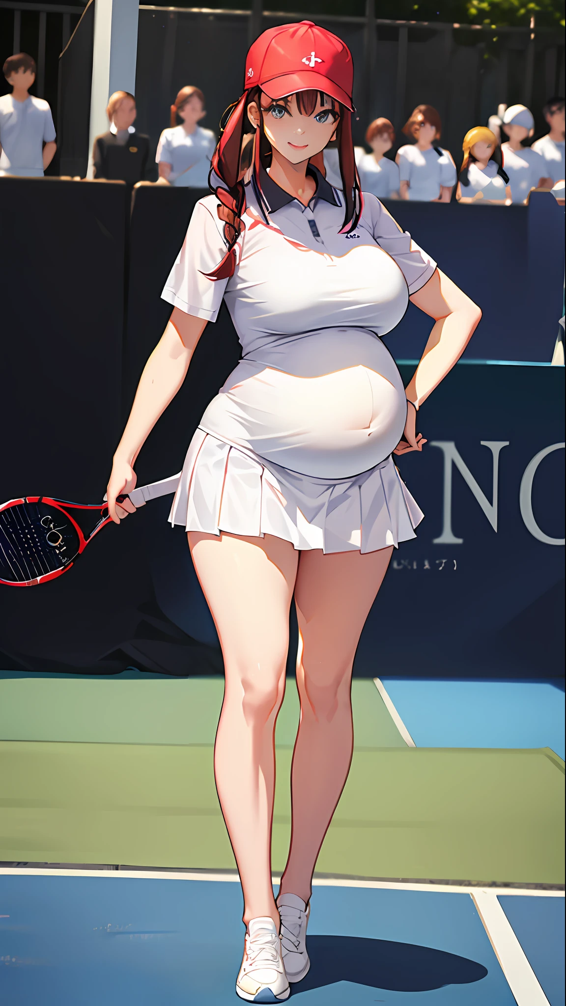 hoang lap、tmasterpiece、Best quality、realisticlying、Hyper-detailing、（Shiny skin，sweat leggs:1.4）、Slim、Look at the audience、1girll、Solo、tennis wear、White polo shirt、White sneakers、white mini-skirt、long whitr hair、silber hair、eBlue eyes、（thick thight:0.5）、动态照明、A high resolution、sharp fokus、depth of fields、Large breasts，Pregnant belly，Pregnant women with，a navel，A pair of hands，ssmile，Eyes are loving，Lines of a tight grid，perfect bodies，Wearing white stockings