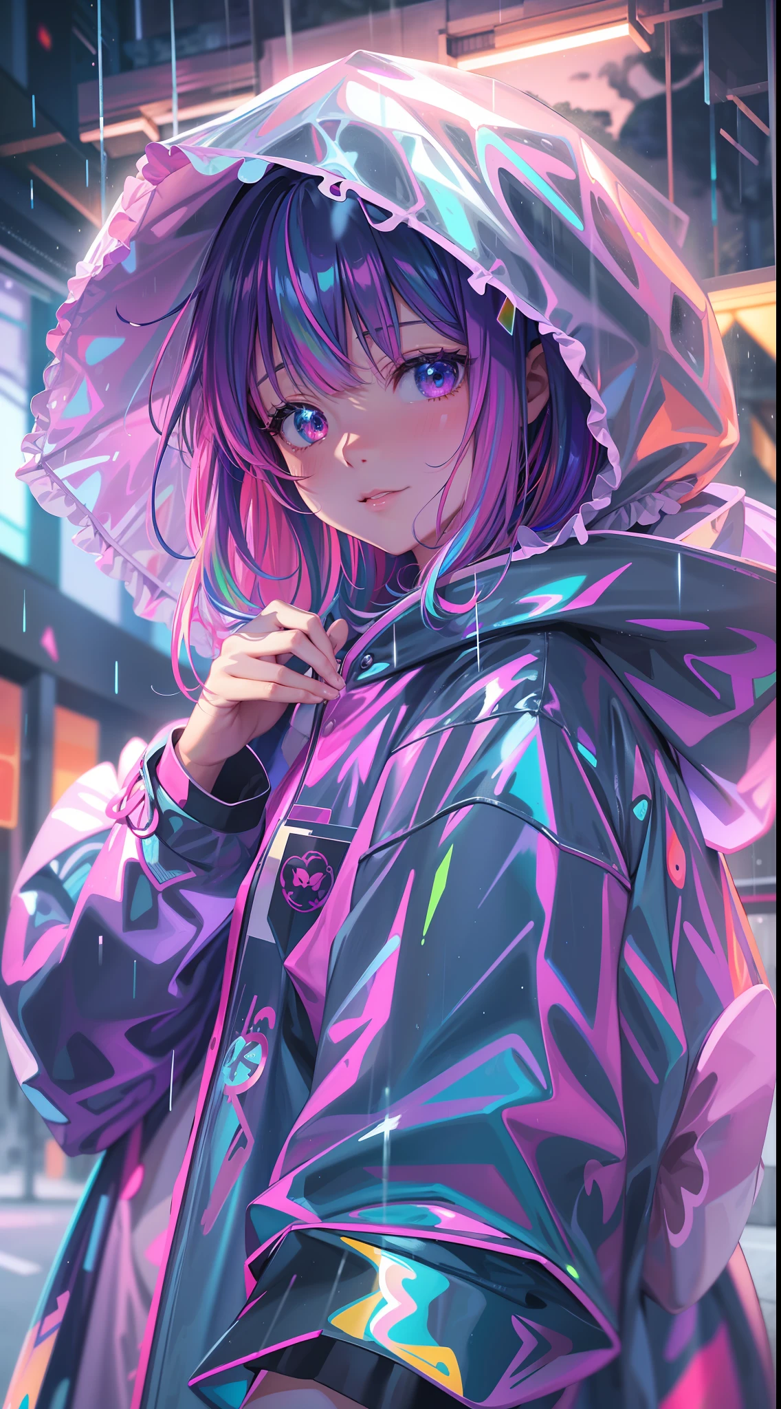 Anime girl standing in rain in raincoat, illustration iridescent, magically glowing, shiny colorful, holograph, By Yuumei, Anime art wallpaper 8 K, Guviz-style artwork, Anime art wallpaper 4k, Anime art wallpaper 4 K, girl in raincoat, Beautiful anime artwork, Digital anime art, Guviz