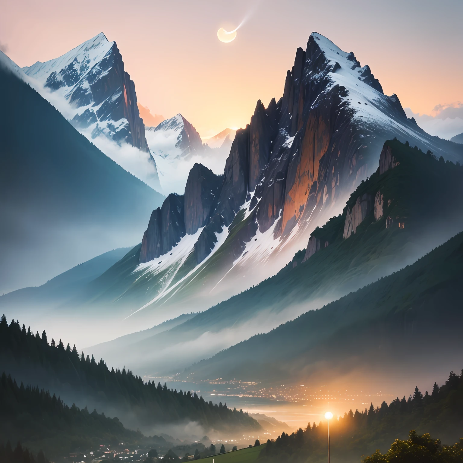 Light rainy days,sunraise,The moon sets,Mountains,Greenery --auto