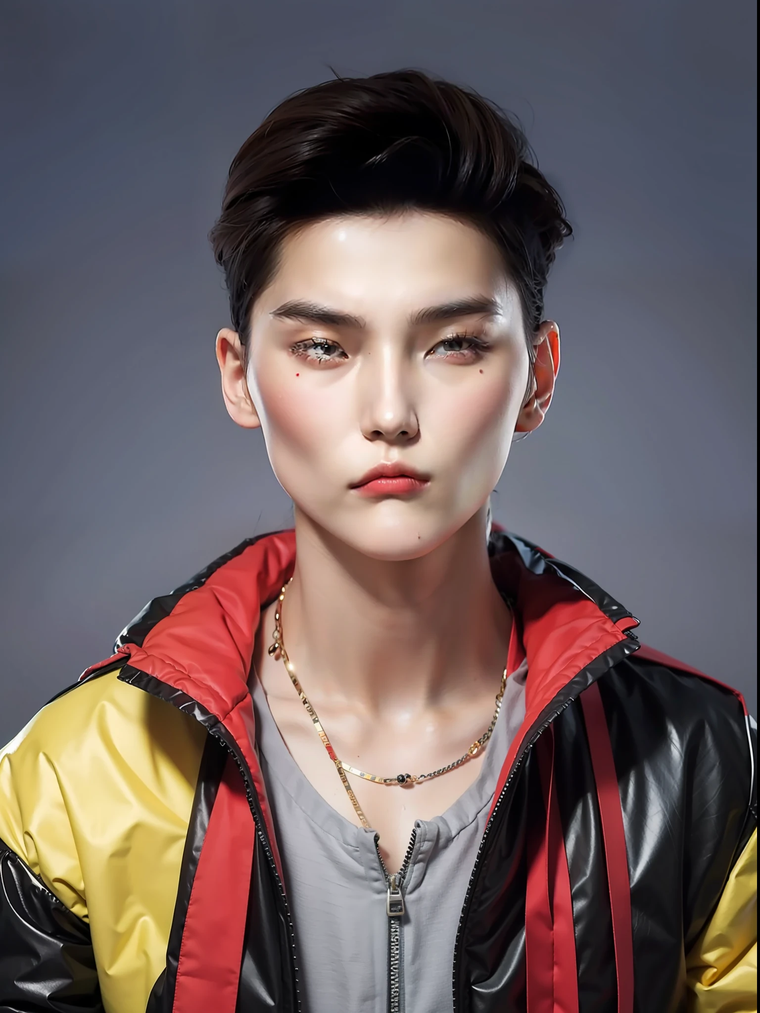 A Chinese high school student,Wear PVC colored clothes,greybackground
