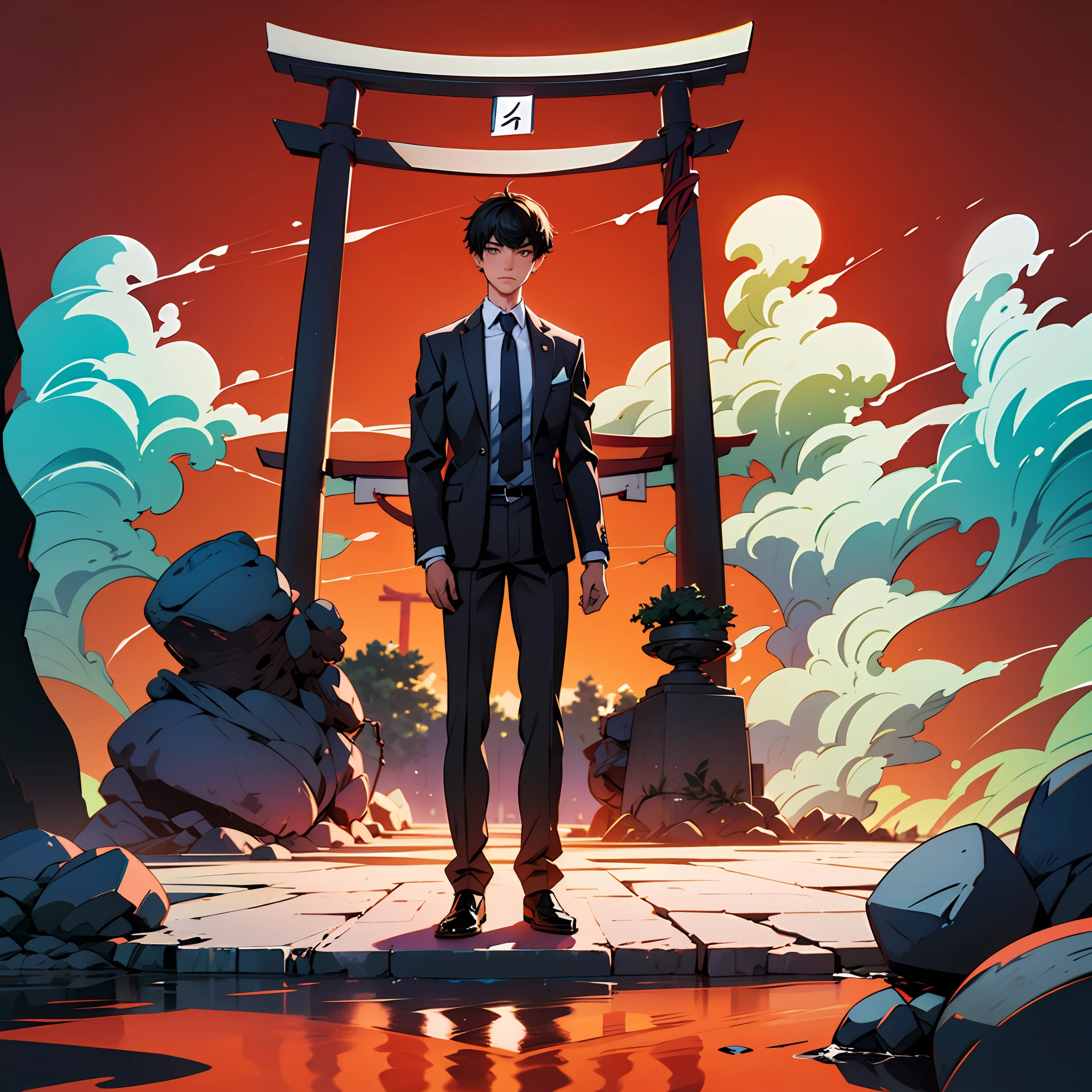 1boy, black pants, collared shirt, curtains, formal, long sleeves, looking at viewer, male focus, necktie, pants, red background, shirt, solo, standing, suit, torii, white shirt --auto