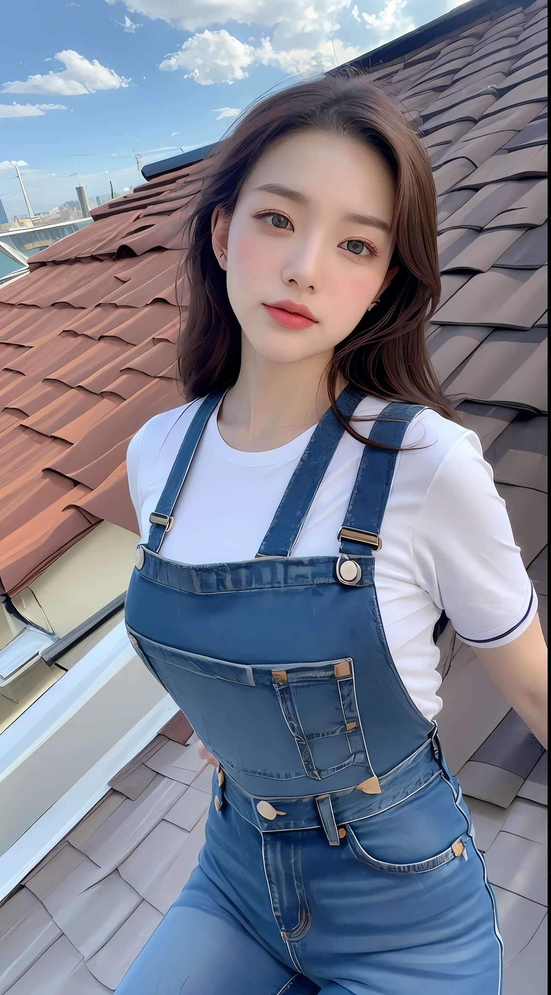 ((midynight, Need, 8k, tmasterpiece:1.3)), full bodyesbian, Long legs, Focalors:1.2, perfect figure beautiful woman:1.4, Slim abs:1.1, ((Dark brown hair, huge tit:1.2 )), (white tight t-shirt, Denim suspenders, standing on your feet:1.2), ((city night scene, the roof:1.3)), Highly detailed facial and skin texture, A detailed eye, 二重まぶた,Low angle overhead shots of blue skies and white clouds
