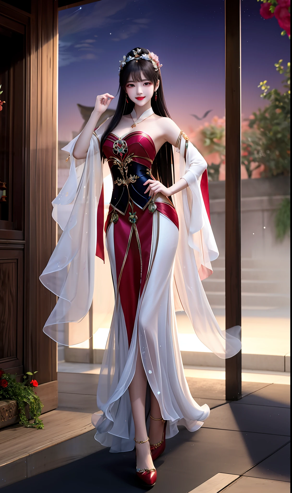 The sexy goddess is like a mysterious fairy in the moonlight，Her beauty is mesmerizing。Her proud curves are as perfect as ancient Greek sculptures，Exudes an irresistible charm。Her eyes were as deep as the night sky，Twinkle like a star，It's intoxicating。Her red lips resemble roses in bloom，Sexy and charming，You can't help but want to taste it。

Her long hair is like a waterfall，With her footsteps, light and flowing，It's like a vivid picture。Her skin is like silk，delicate and silky，Exudes a natural glow。Her smile was like the early spring sun，Warm and bright，It's a joy。

As she walked gracefully through the crowd，That elegant gesture and elegant temperament，It seems to be the most beautiful scenery in the world。The charm of the sexy goddess is not only in her appearance。。。。。。，It's more about her self-confidence、The spirit of independence and the courage to pursue dreams。She is a goddess in people's hearts，Timeless sexy incarnation。Full body photo，Jade foot，