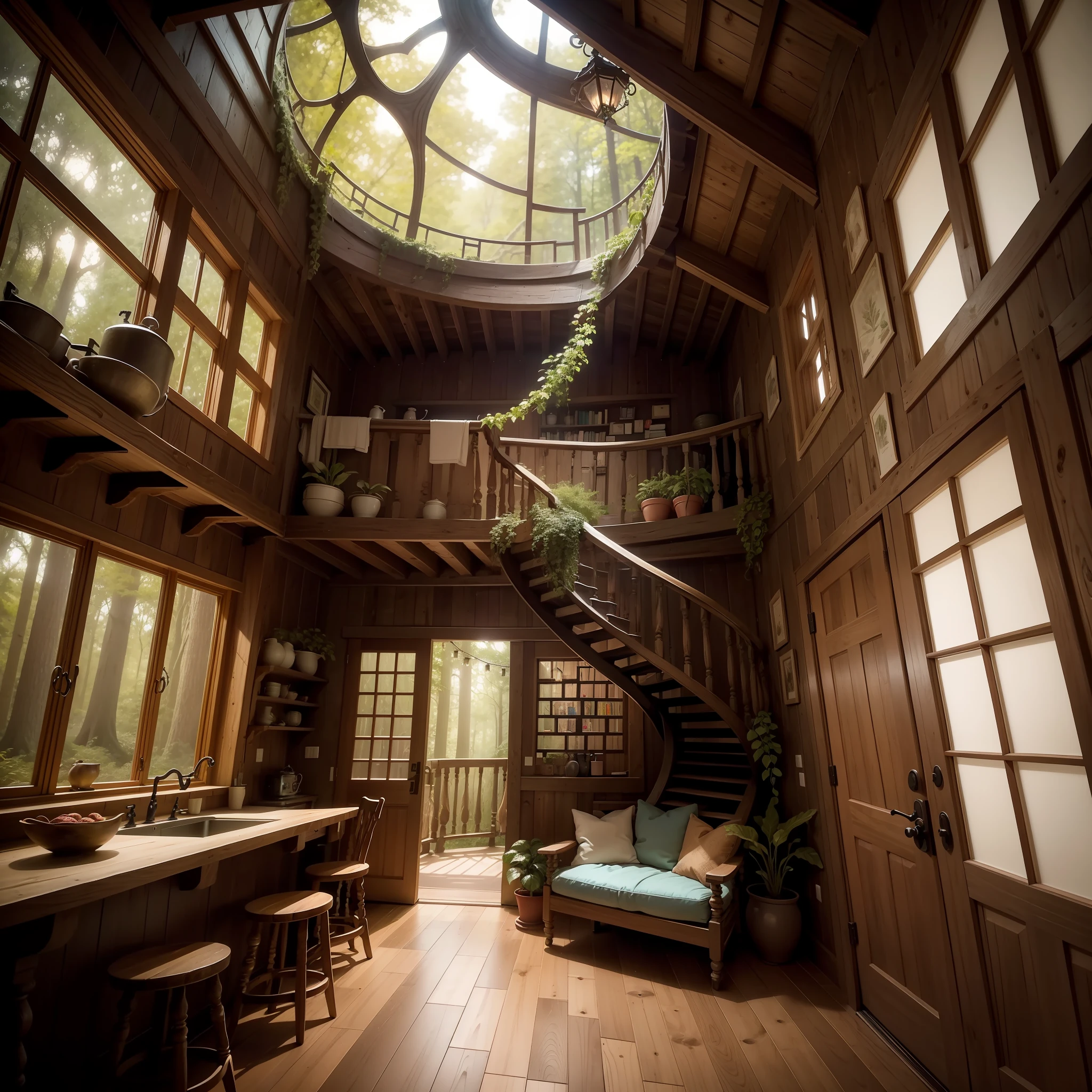 Imagine a magical treehouse nestled within an ancient forest. Picture a majestic oak tree, its branches spread wide, forming a natural embrace for the extraordinary dwelling. The treehouse stands tall, a harmonious blend of nature and architecture, invoking a sense of wonder and adventure.

The treehouse's exterior boasts a rustic charm, with handcrafted wooden planks, weathered by time and infused with the essence of the forest. Vines and climbing plants creep up its sides, adding an enchanting touch. Tiny fairy lights twinkle around the entrance, hinting at the magic that awaits inside.

Stepping through the wooden door, you enter a cozy interior adorned with plush cushions, inviting you to relax and unwind. Soft, natural light filters through intricately designed stained-glass windows, casting colorful patterns across the walls and floor. The air is scented with the sweet fragrance of the surrounding flora, creating an ethereal ambiance.

The treehouse is a multi-level sanctuary, with each level connected by winding spiral staircases crafted from twisted branches. On the first level, there's a quaint reading nook, complete with a small library filled with books on magic, myths, and adventure. A comfortable rocking chair sits by the window, offering a perfect spot to lose oneself in the pages of a captivating story.

Continuing upwards, you reach the main living area. The heart of the treehouse features an open-plan design with a cozy living room adorned with plush cushions and an assortment of exotic rugs. The centerpiece is a magical fireplace that emits a warm, radiant glow, perfect for those chilly forest nights.

The kitchen is modest yet fully equipped, complete with copper pots and pans that give it an old-world charm. A small dining area overlooks the sprawling canopy below, offering a breathtaking view of the forest at every meal.