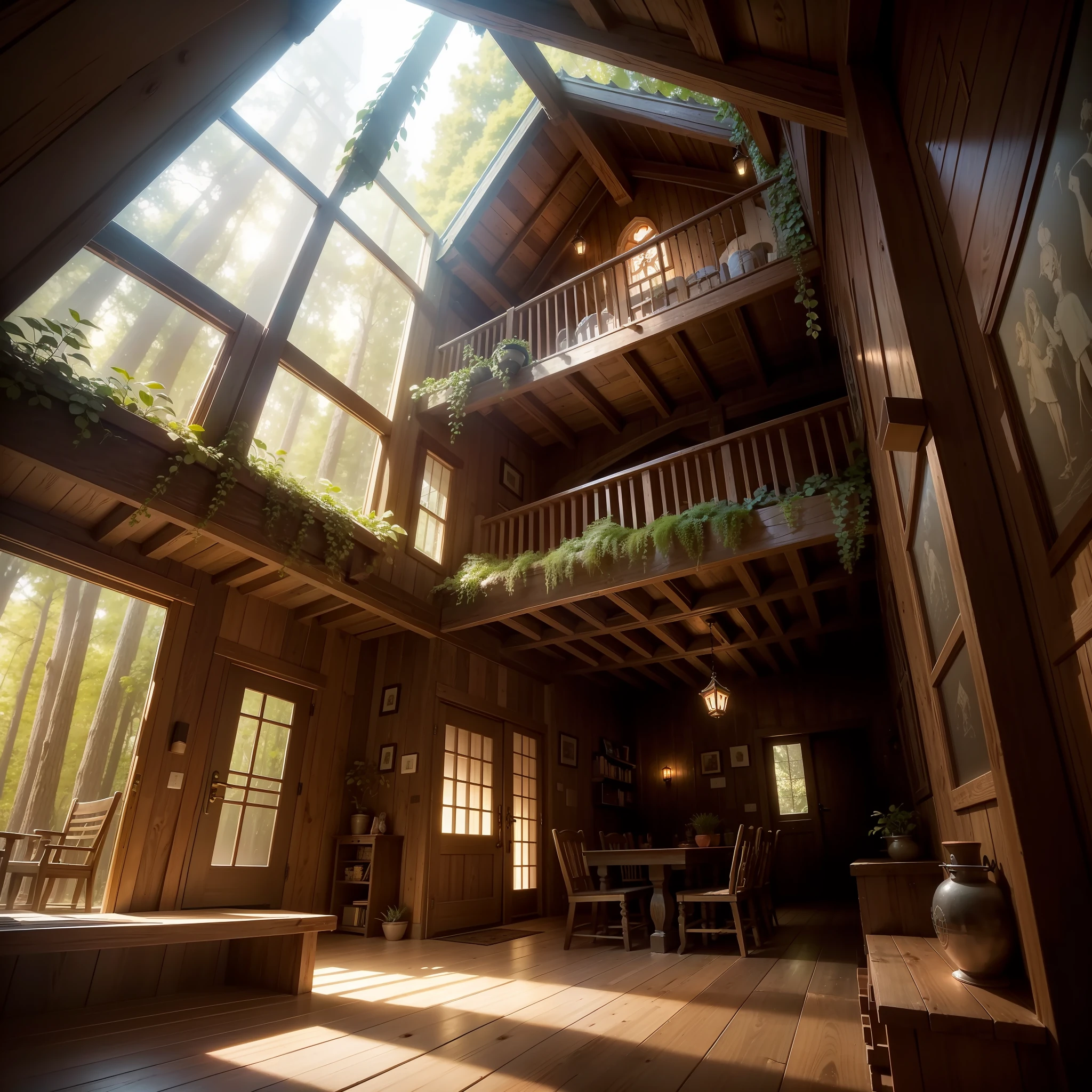 Imagine a magical treehouse nestled within an ancient forest. Picture a majestic oak tree, its branches spread wide, forming a natural embrace for the extraordinary dwelling. The treehouse stands tall, a harmonious blend of nature and architecture, invoking a sense of wonder and adventure.

The treehouse's exterior boasts a rustic charm, with handcrafted wooden planks, weathered by time and infused with the essence of the forest. Vines and climbing plants creep up its sides, adding an enchanting touch. Tiny fairy lights twinkle around the entrance, hinting at the magic that awaits inside.

Stepping through the wooden door, you enter a cozy interior adorned with plush cushions, inviting you to relax and unwind. Soft, natural light filters through intricately designed stained-glass windows, casting colorful patterns across the walls and floor. The air is scented with the sweet fragrance of the surrounding flora, creating an ethereal ambiance.

The treehouse is a multi-level sanctuary, with each level connected by winding spiral staircases crafted from twisted branches. On the first level, there's a quaint reading nook, complete with a small library filled with books on magic, myths, and adventure. A comfortable rocking chair sits by the window, offering a perfect spot to lose oneself in the pages of a captivating story.

Continuing upwards, you reach the main living area. The heart of the treehouse features an open-plan design with a cozy living room adorned with plush cushions and an assortment of exotic rugs. The centerpiece is a magical fireplace that emits a warm, radiant glow, perfect for those chilly forest nights.

The kitchen is modest yet fully equipped, complete with copper pots and pans that give it an old-world charm. A small dining area overlooks the sprawling canopy below, offering a breathtaking view of the forest at every meal.