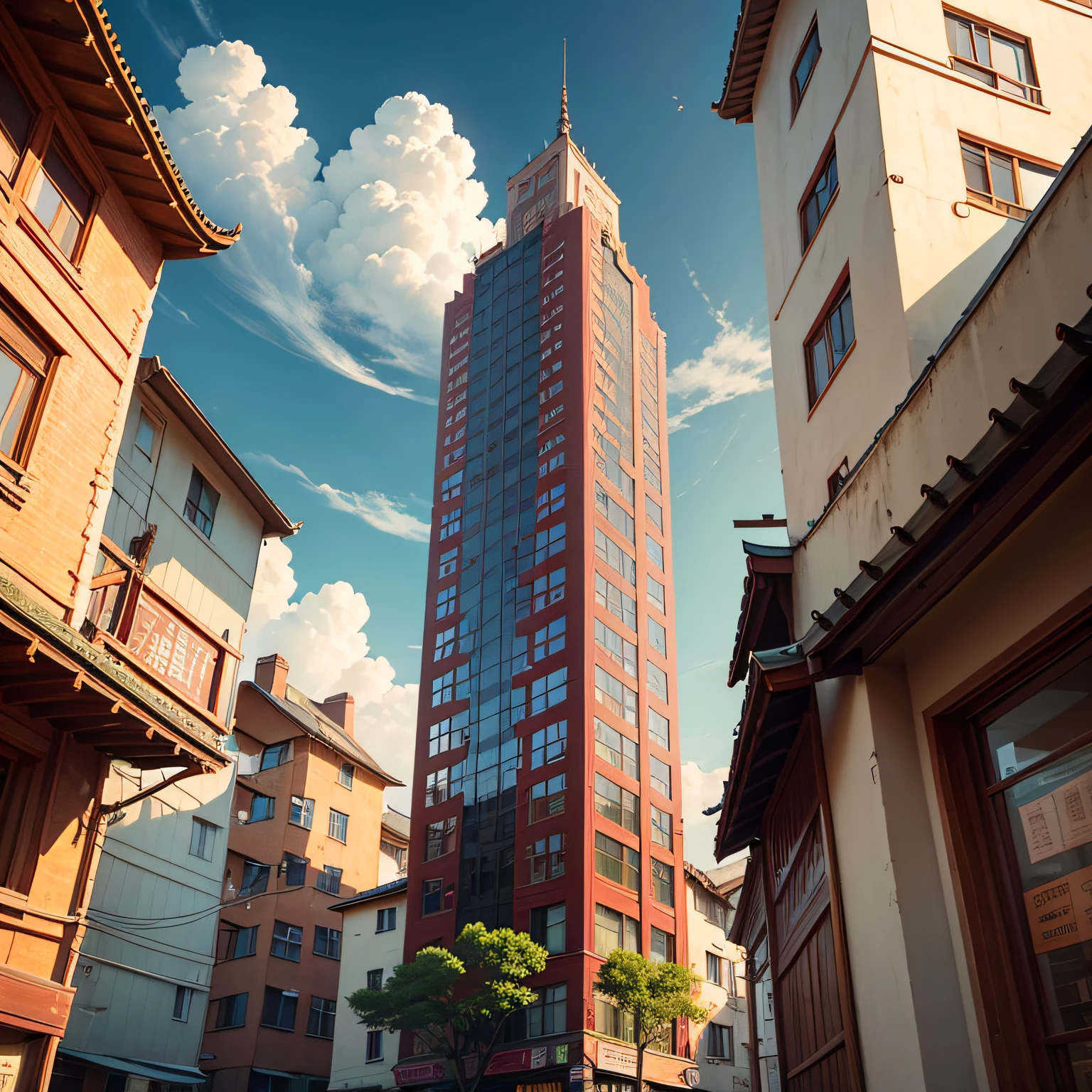 Ancient wind，Quaint，Chinese，Restaurant hostel，towering，The exterior of the entire building，wood，high rise，towering，Located in a bustling downtown area，Individual building，with blue sky and white clouds