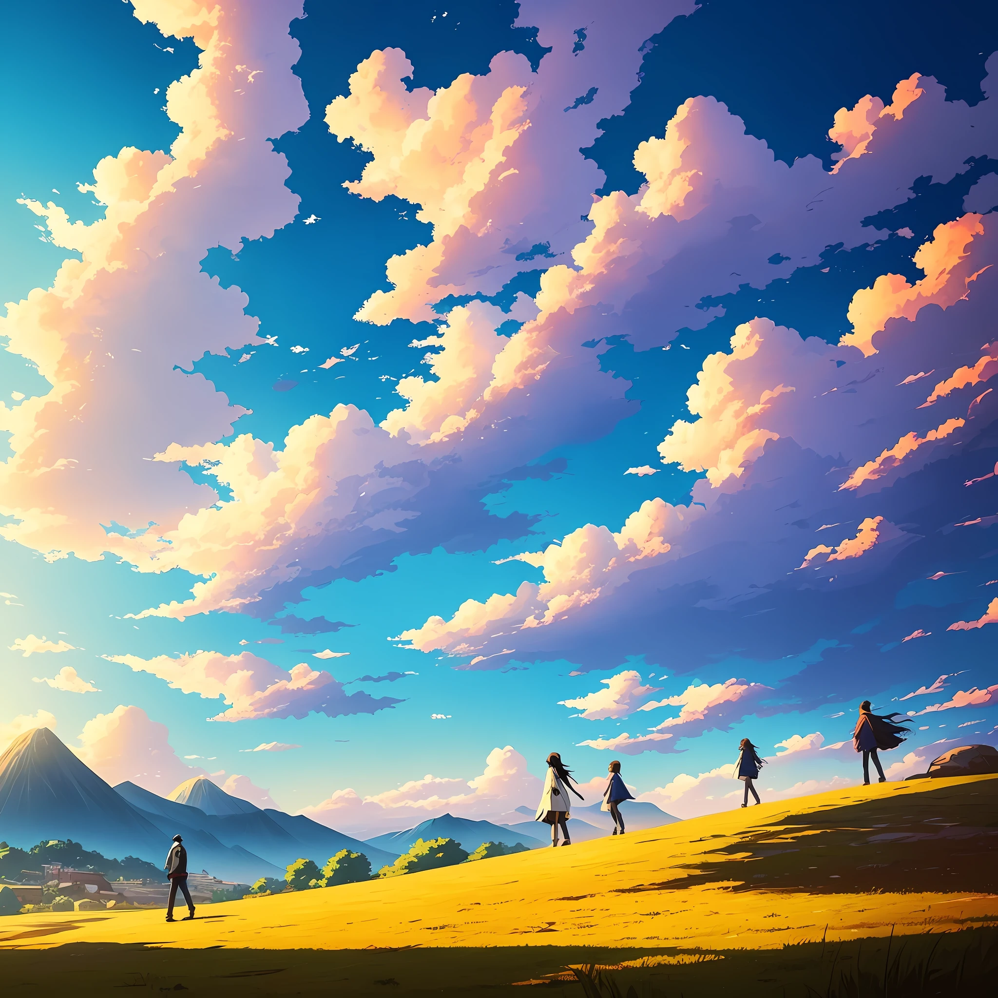 Anime scene of two people walking on a hill in the beautiful sky, Anime landscape, anime countryside landscape, Makoto Shinkai's style, Makoto Shinkai Cyril Rolando, Anime Sky, in the style of makoto shinkai --auto