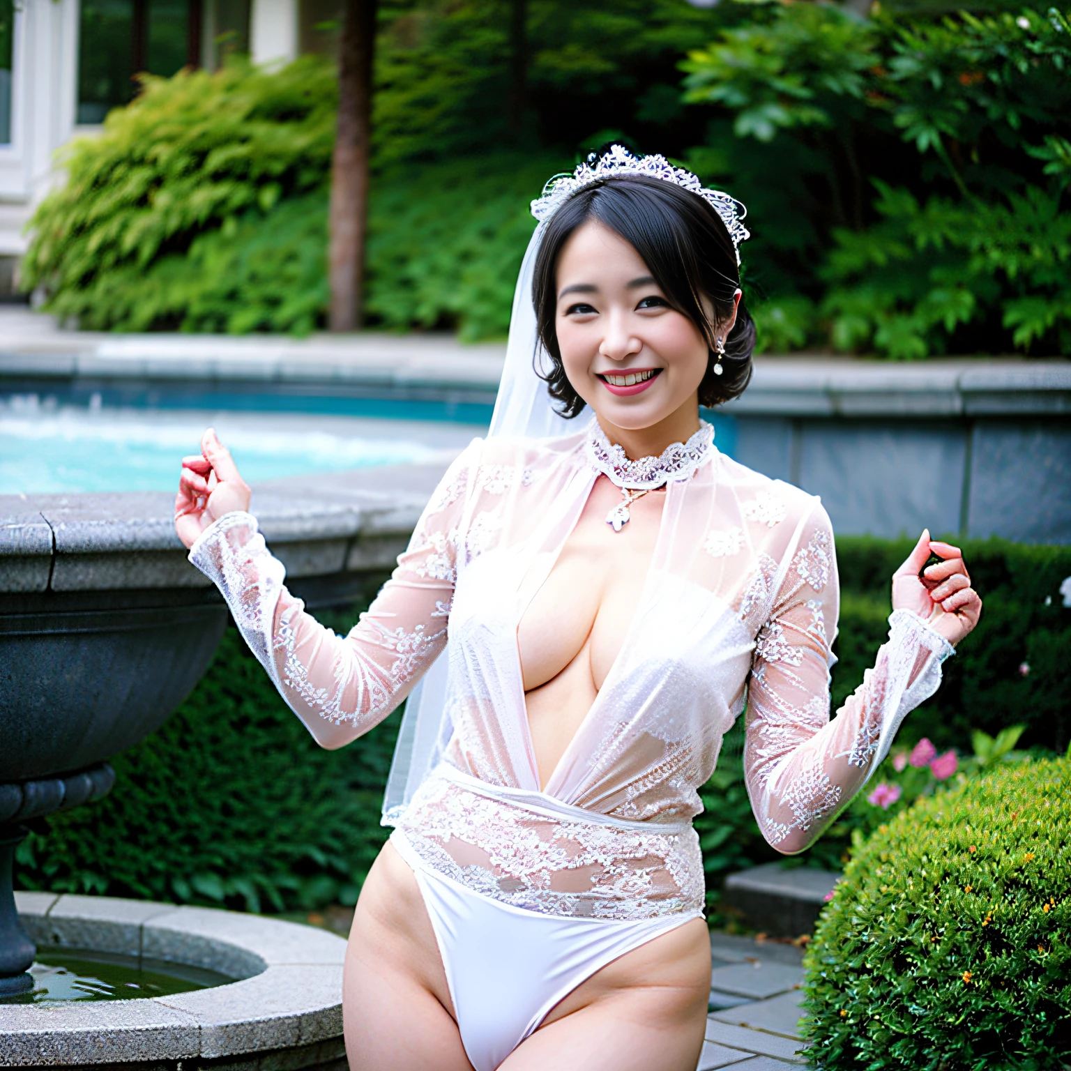 ((top-quality、8K分辨率、Master masterpiece、Portrait:1.3)), Photorealsitic, tissue, 35㎜ film, 1 Japan Woman, Middle-aged woman, 49 years old, Long Bob、Bridal Up , (tiarra_Wedding Veils)、Pearl Necklace、Wrinkles at the corners of the eyes, Plump body, blush、Seductive smile、naughty expression、See-through bride costume、See-through white micro mini panties、Garter belt stockings, (standing nipple:1.5) ,((Underwear))、Flower garden in full bloom、The fountain、plein air、during the day、toppless