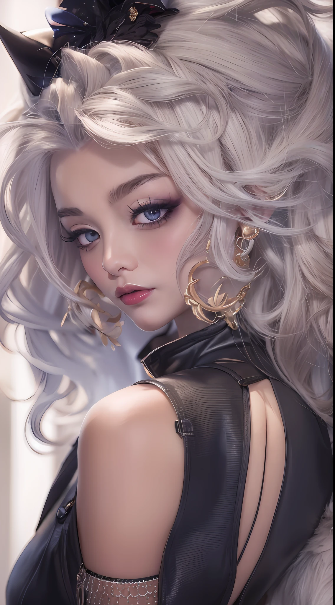 1girll，cropped shoulders，black masked，blond hairbl，cleavage，鎖骨，shift dresses，耳Nipple Ring，Blindfolds，Fur trim，huge tit，jewely，huge tit，long whitr hair，looking at viewert，putting makeup on，Masks，one eye covered，a purple eye， Madam(Genshin Impact), Smile, Solo, full bodyesbian, exteriors, cyber punk perssonage,(Masterpiece:1.4),(Best quality:1.4),(Shiny skin),Redlip,Mature female