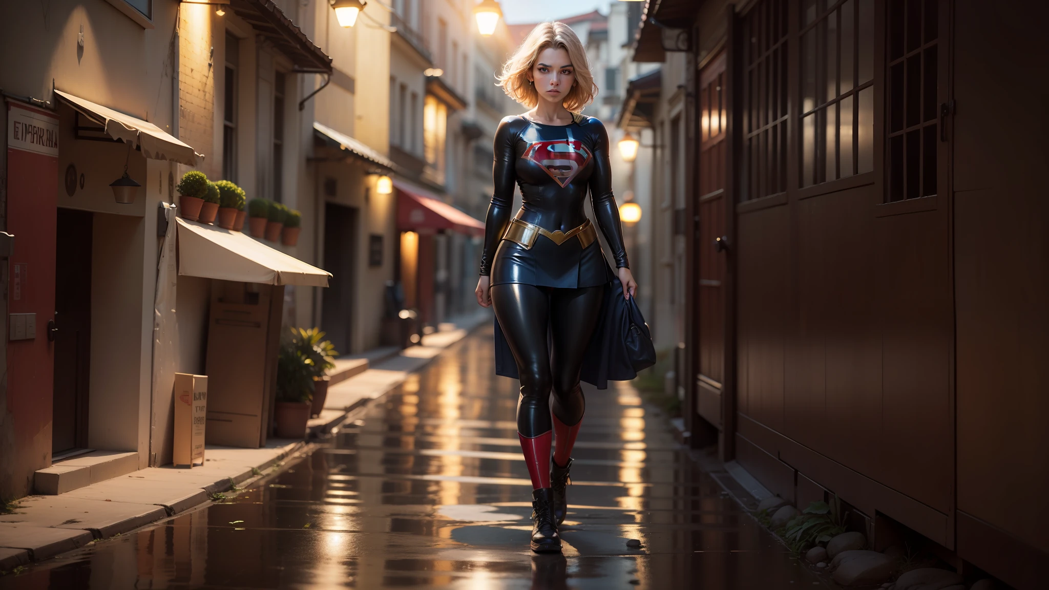 Mulher jovem, bonita, athletic, cabelos loiros, coxas grossas, middlebreasts, cintura estreita, usando top de latex com S de supergirl no peito, saia de latex preta, saia curta, saia justa, roupas curtas, pernas bonitas, pernas nuas, abdome definido, abdome exposto, magra, elegante ambiente urbano, luz do dia
