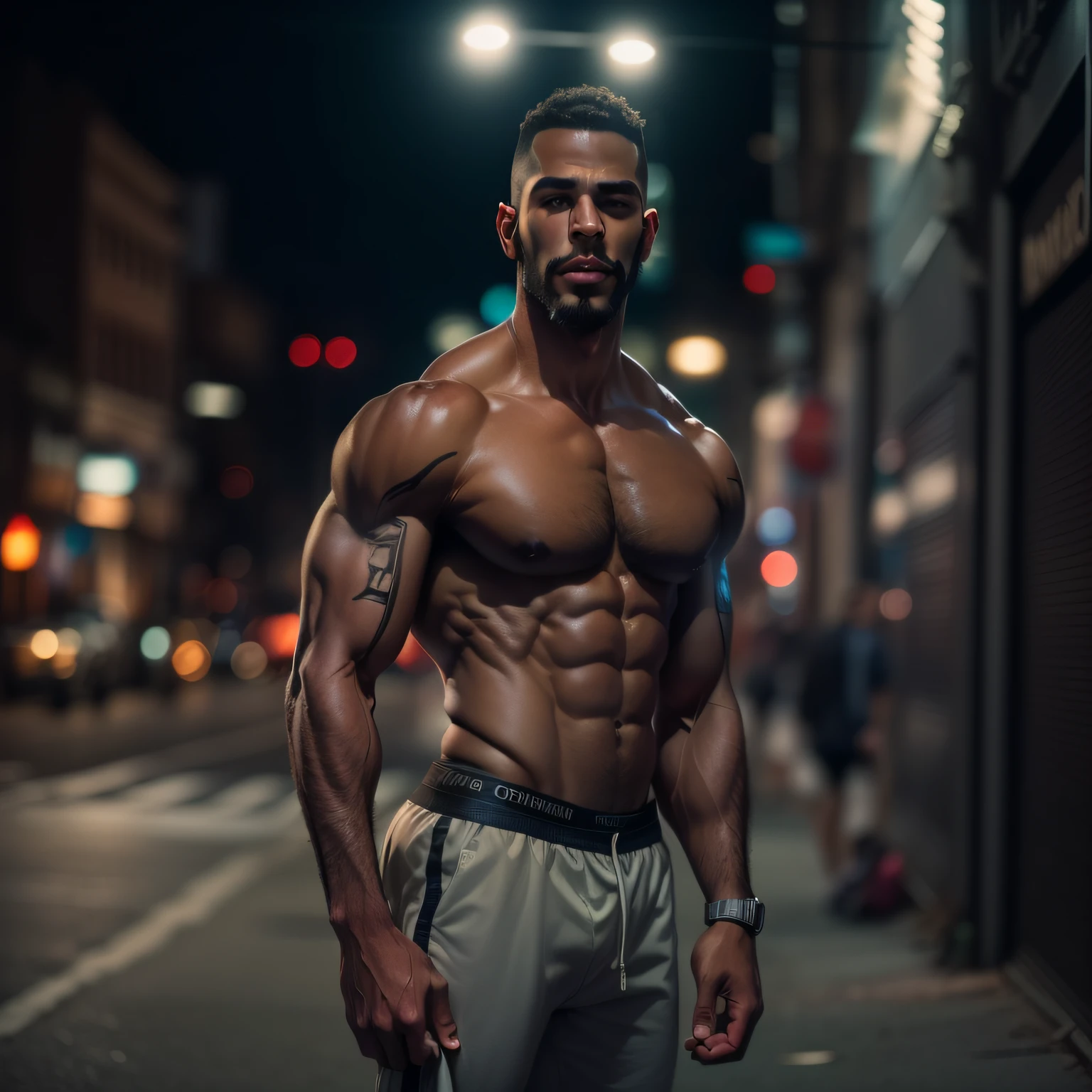 (a muscular naked and attractive dark man:1.5) wearing a jockstrap and sneakers, lean and confident, posing on a city street, on a hot summer night, seen from a low angle.