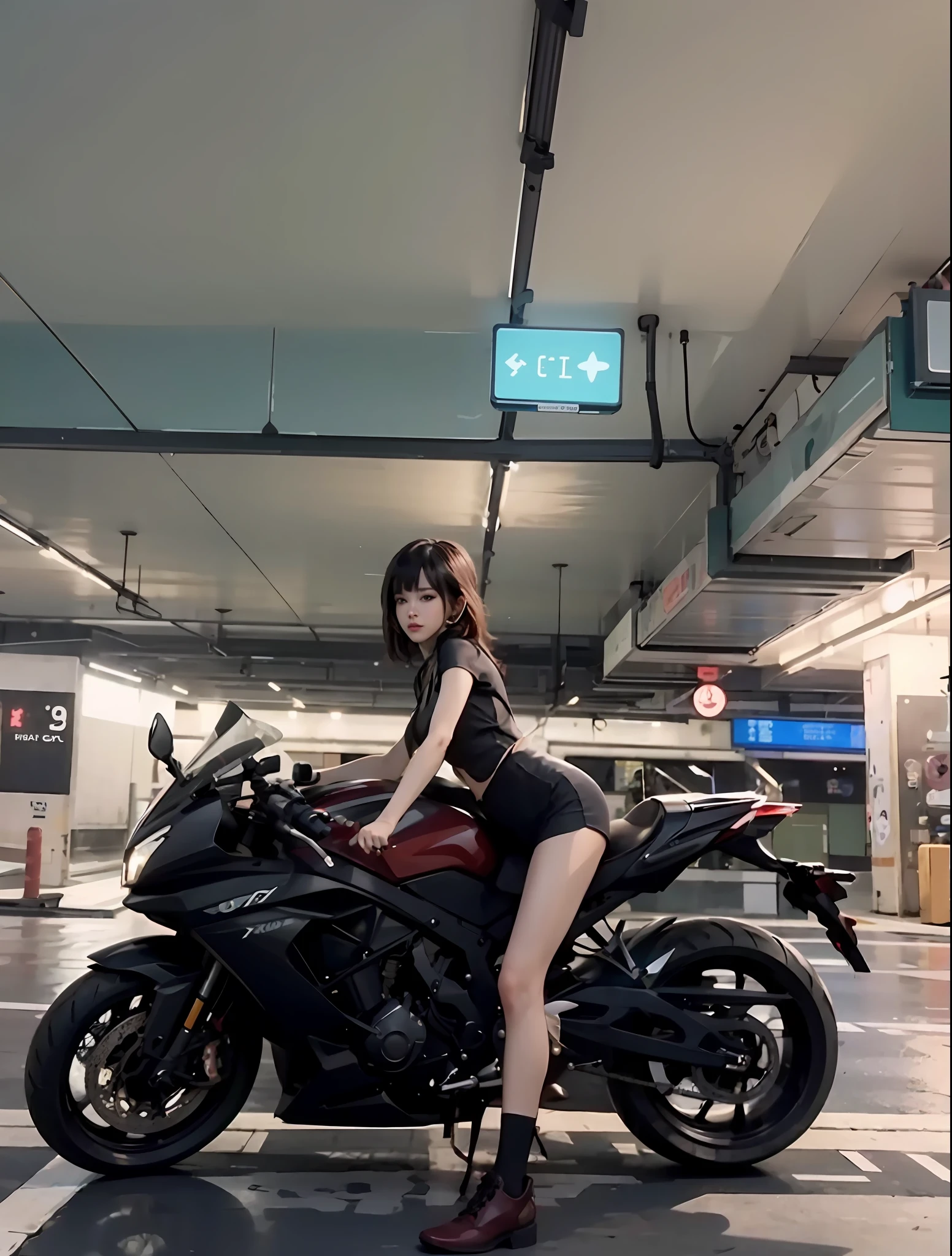 (best qualtiy，A high resolution),Woman sitting on motorcycle in parking lot, sitting on cyberpunk motorbike, 8 K, 4 K, 4k wallpaper, 8K, trending at cgstation, trending on cgstation, motorcycle, 4 k post, 4k post, by Yang J, [ 4 K digital art ]!!