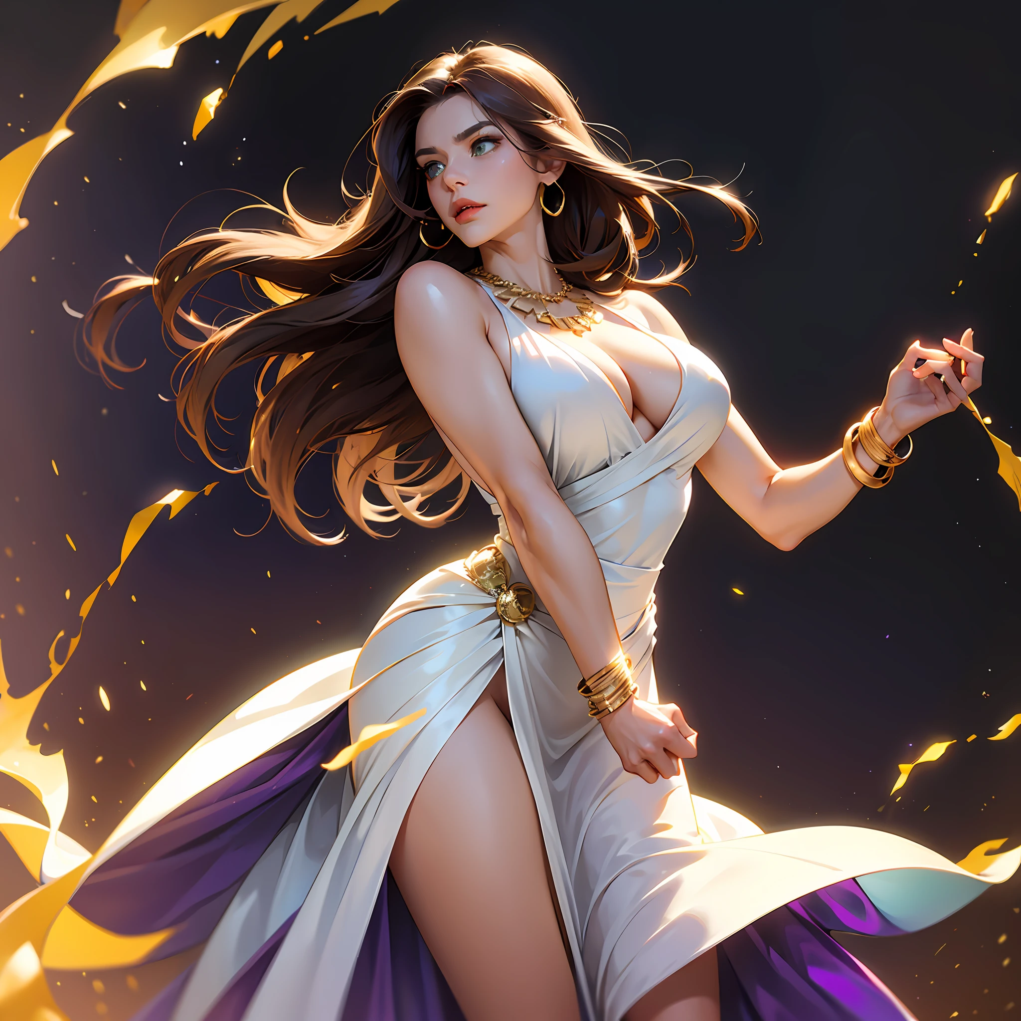 woman， 31 years old， Purple wrap dress， Bigboobs， huge tit， Redlip， large green eyes， brown  hair，（4K), golden necklace， Golden bangles， white backgrounid， gold earring， white skinned， Long legs， Sharp chin， Dark purple dress， disheveled brown hair， very big boobs，Battle queen with pronounced muscle lines， --auto