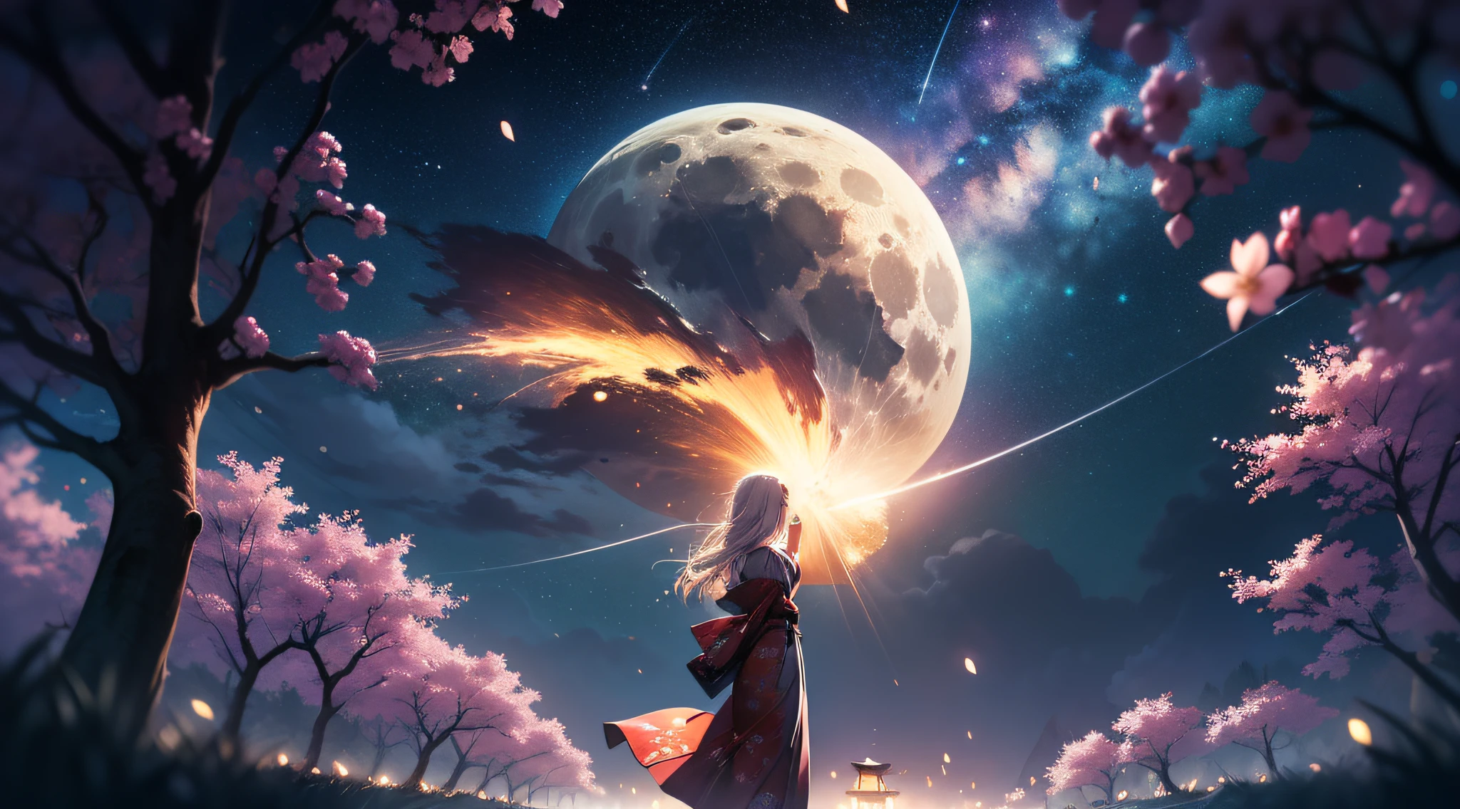 Open landscape , Landscape , Panorama shot , (Looking up, Looking down), Shrine maiden looking up, (Full moon: 1. 2), (Shooting star: 0. 9), (Nebula: 1. 3), Starry sky, Shining lantern, Fantastic cherry blossom tree, Trees, (Warm light source: 1. 2), (Firefly: 1. 2), Lamp 3), Starry sky, Torii gate, (Warm light source: 1. 2), ( (Firefly: 1. 2), Lamp, Orange and Blue Fine Detail, (Masterpiece: 1. 2), (Best Quality), 4k, Ultra Fine Detail, (Dynamic Composite: 1. 2), (Best Quality), Lamp, Orange and Blue Voluminous Lighting Main Fine Detail BREAK ((Masterpiece: 1.2), (Best Quality), 4k, Ultra Fine Detail, (Dynamic Composite: 1.4), Very Fine Detail, Colorful Detail, (Iridescent: 1. 2), (Luminous Lighting, Ambient Lighting), Dream like ( Ambient Lighting), dreamy, fantastic, (Solo: 1.2), sparkling, petals dancing, dancing light, white hair, beautiful hair, long hair, dancing hair, back view, puddle, dynamic pose, priestess outfit, priestess, red kimono