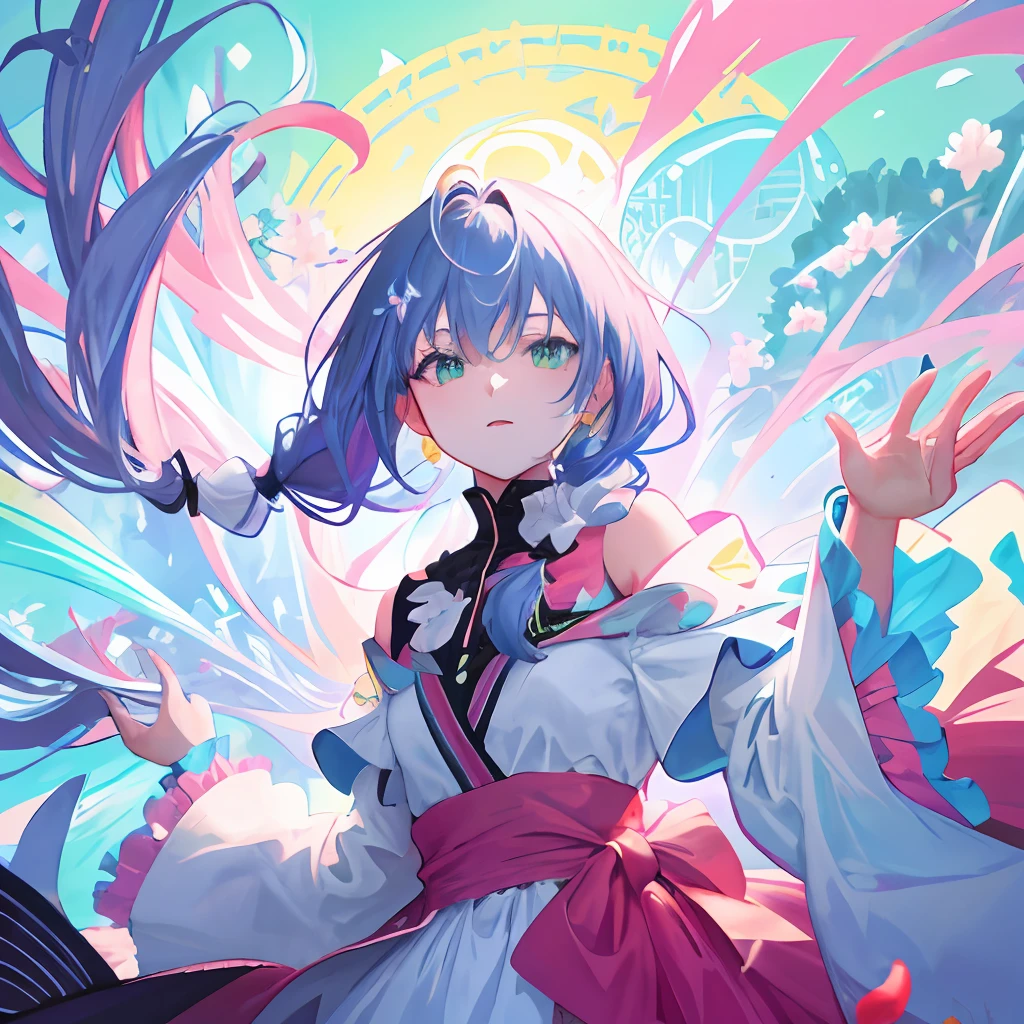 Twin braids, girl with, Solo, {{masutepiece}}, Best Quality, the Extremely Detailed CG Unity 8K Wallpapers, Cinematic lighting, Lens Flare, Beautiful detail eyes, side glance, colorful light, Particle,Mini、2nd class(absurderes、hight resolution、ultra-detailliert)、1人、Wavy black and blue gradient hair、length hair、bluntbangs、green colored eyes、pink dress、finely eye and detailed face、the Extremely Detailed CG Unity 8K Wallpapers、intricate-detail、kaleidoscopic imagery、Symmetrical pattern、vivd colour、Geometric shapes、mesmerizing designs、optical illusion、pantomime art、expressive body language、Quiet storytelling、evocative gestures、 visual narratives、blooming flowers、Multicolored petals、fragrant scents、nature's bounty、vibrant gardens、Tranquil landscape、VIP lounge、extremely delicate and beautiful