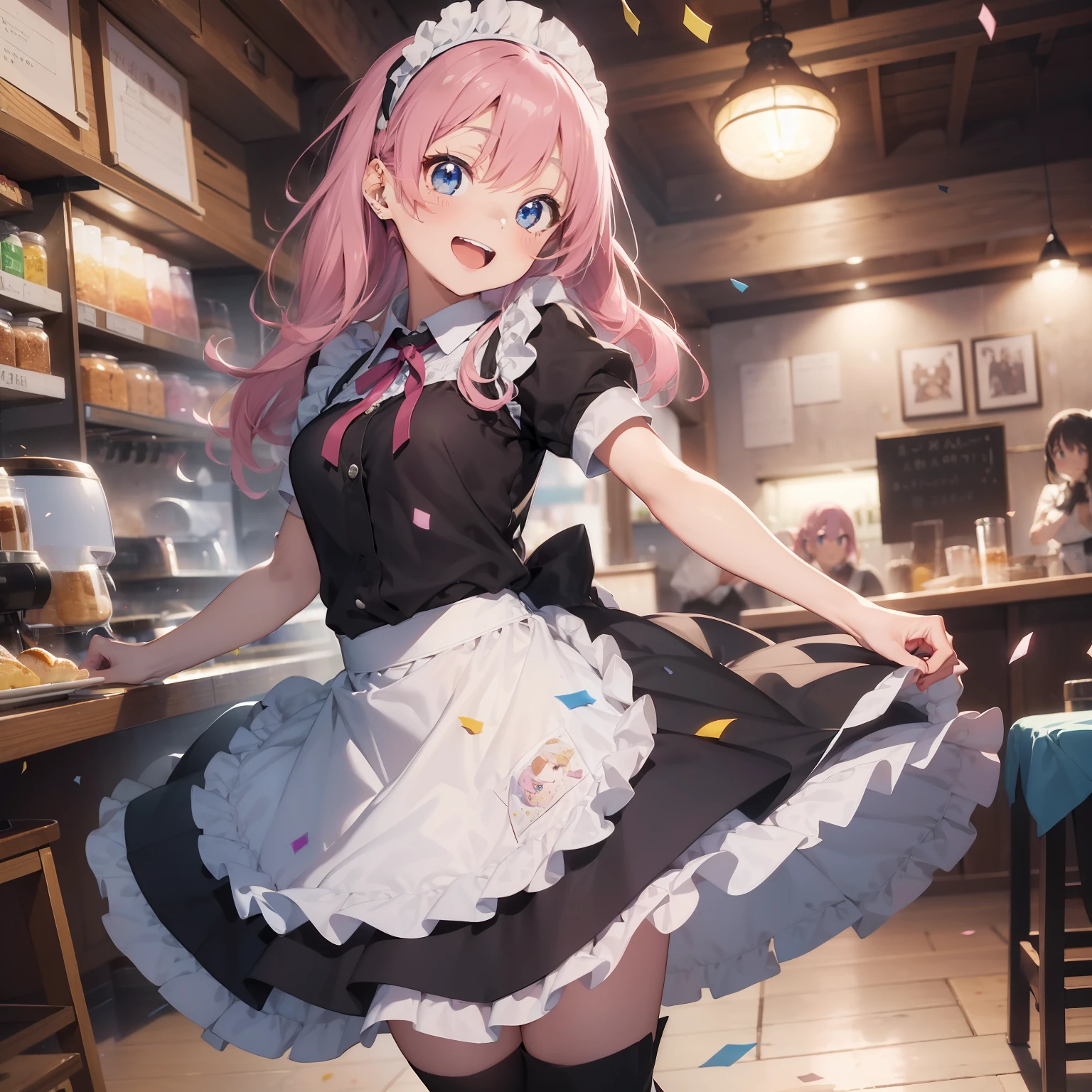 (superfine illustration:1.2),(masutepiece, 8K), (Best Quality, High quality:1.4), portlate、((Super Pastel)),Perfect Anatomy, Hyper Detailed, ultra-detailliert,masterpiece background,beautiful detailed background, V8K Wallpapers,perfect design, 1girl in, Solo, (Singing and dancing:1.4),(Confetti:1.4),(One-handed microphone)、)(Outstretched arms,slender, Very short sleeves,Pink hair,maid, Outstanding smile、frombelow, Cowboy Shot:1.2), (lightsmile, Open mouth, , Pink hair, (Super long hair,Twin-tailed), Blue eyes, Blue eyes, Black blouse, Short sleeves, maid apronl, white maid apron, Long black trousers, Long pants, long boots, Slender girl), (Inside a coffee shop in a fantasy world of medieval Europe)、(dynamic motion)、