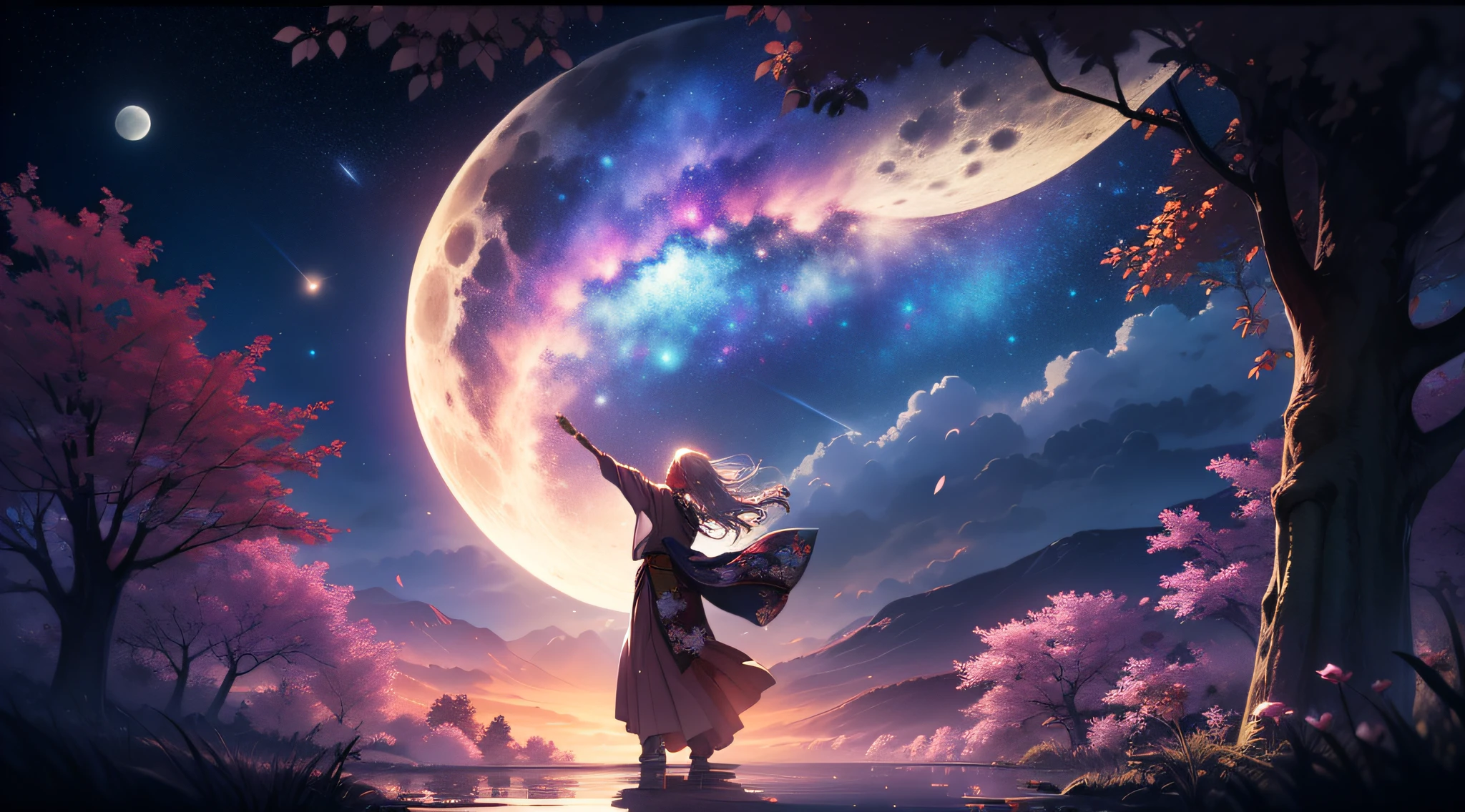 Open landscape , Landscape , Panorama shot , (Looking up, Looking down), Shrine maiden looking up, (Full moon: 1. 2), (Shooting star: 0. 9), (Nebula: 1. 3), Starry sky, Shining lantern, Fantastic cherry blossom tree, Trees, (Warm light source: 1. 2), (Firefly: 1. 2), Lamp 3), Starry sky, Torii gate, (Warm light source: 1. 2), ( (Firefly: 1. 2), Lamp, Orange and Blue Fine Detail, (Masterpiece: 1. 2), (Best Quality), 4k, Ultra Fine Detail, (Dynamic Composite: 1. 2), (Best Quality), Lamp, Orange and Blue Voluminous Lighting Main Fine Detail BREAK ((Masterpiece: 1.2), (Best Quality), 4k, Ultra Fine Detail, (Dynamic Composite: 1.4), Very Fine Detail, Colorful Detail, (Iridescent: 1. 2), (Luminous Lighting, Ambient Lighting), Dream like ( Ambient Lighting), dreamy, fantastic, (Solo: 1.2), sparkling, petals dancing, dancing light, white hair, beautiful hair, long hair, dancing hair, back view, puddle, dynamic pose, priestess outfit, priestess, red kimono