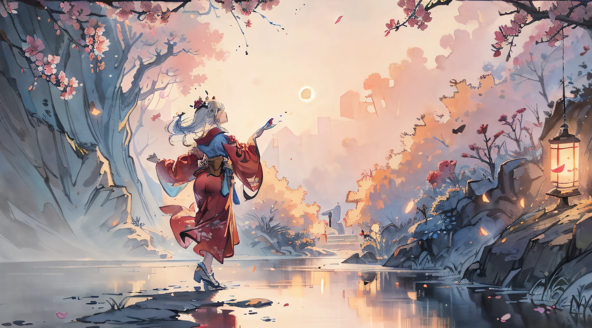 Open landscape , Landscape , Panorama shot , (Looking up, Looking down), Shrine maiden looking up, (Full moon: 1. 2), (Shooting star: 0. 9), (Nebula: 1. 3), Starry sky, Shining lantern, Fantastic cherry blossom tree, Trees, (Warm light source: 1. 2), (Firefly: 1. 2), Lamp 3), Starry sky, Torii gate, (Warm light source: 1. 2), ( (Firefly: 1. 2), Lamp, Orange and Blue Fine Detail, (Masterpiece: 1. 2), (Best Quality), 4k, Ultra Fine Detail, (Dynamic Composite: 1. 2), (Best Quality), Lamp, Orange and Blue Voluminous Lighting Main Fine Detail BREAK ((Masterpiece: 1.2), (Best Quality), 4k, Ultra Fine Detail, (Dynamic Composite: 1.4), Very Fine Detail, Colorful Detail, (Iridescent: 1. 2), (Luminous Lighting, Ambient Lighting), Dream like ( Ambient Lighting), dreamy, fantastic, (Solo: 1.2), sparkling, petals dancing, dancing light, white hair, beautiful hair, long hair, dancing hair, back view, puddle, dynamic pose, priestess outfit, priestess, red kimono