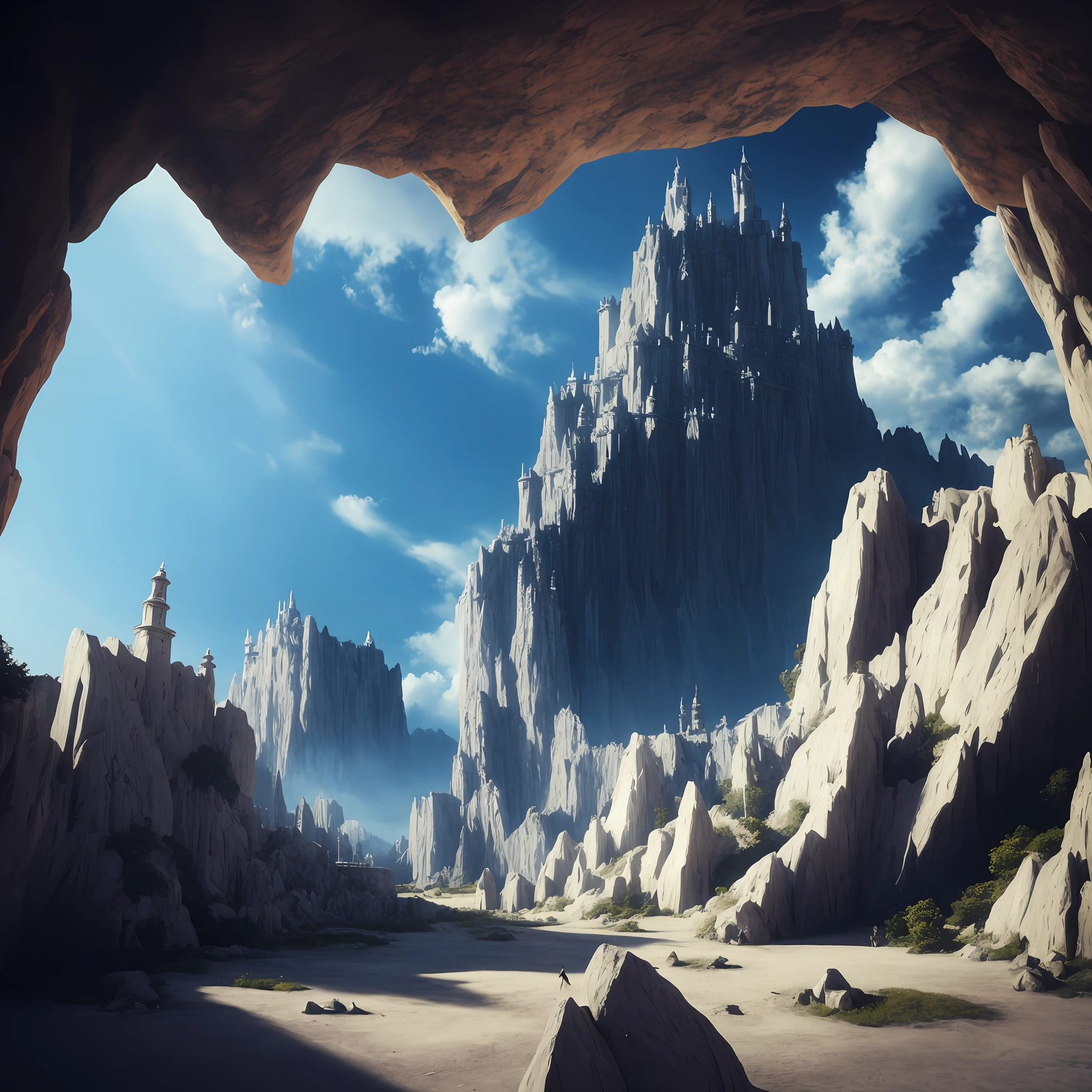 Alafid view of rock castle with sky background, Unreal Engine Digital Painting, Art fantastique grand angle, stuning fantasy 3 d render, Illustration matte painting, beautiful 3d concept art, Rolands Zilvinskis 3D rendering art, Unreal Engine fantasy art, fantasia 3 d render, game art matte painting, Dramatic lighting. concept-art
