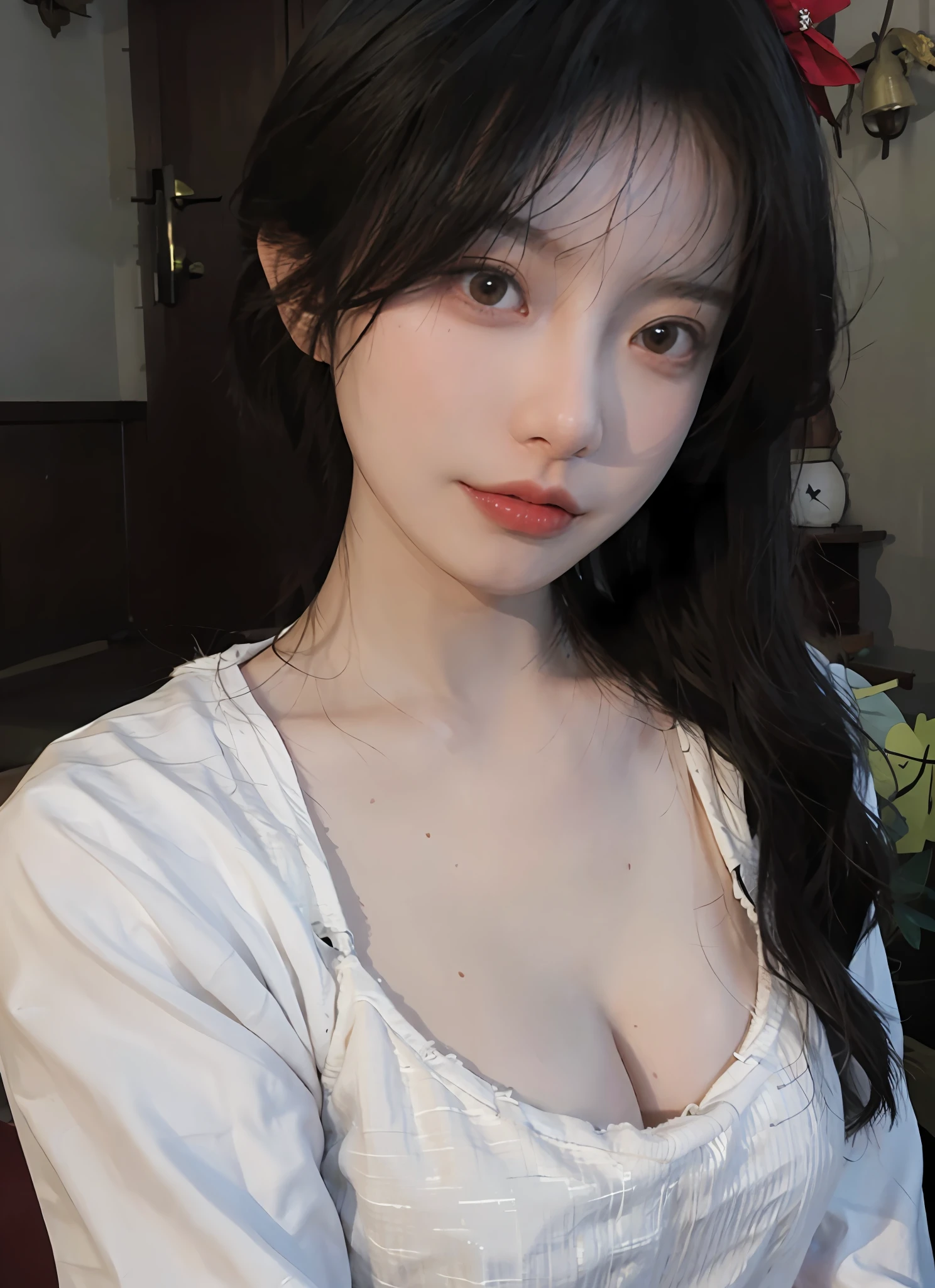 best qualtiy,tmasterpiece,超高分辨率,(realisticlying:1.4),2 girls,A pair of pure apricot eyes,looking at viewert,Raised sexy,(:1.2),(big cleavage breasts:1.3),(The upper part of the body:1.4)