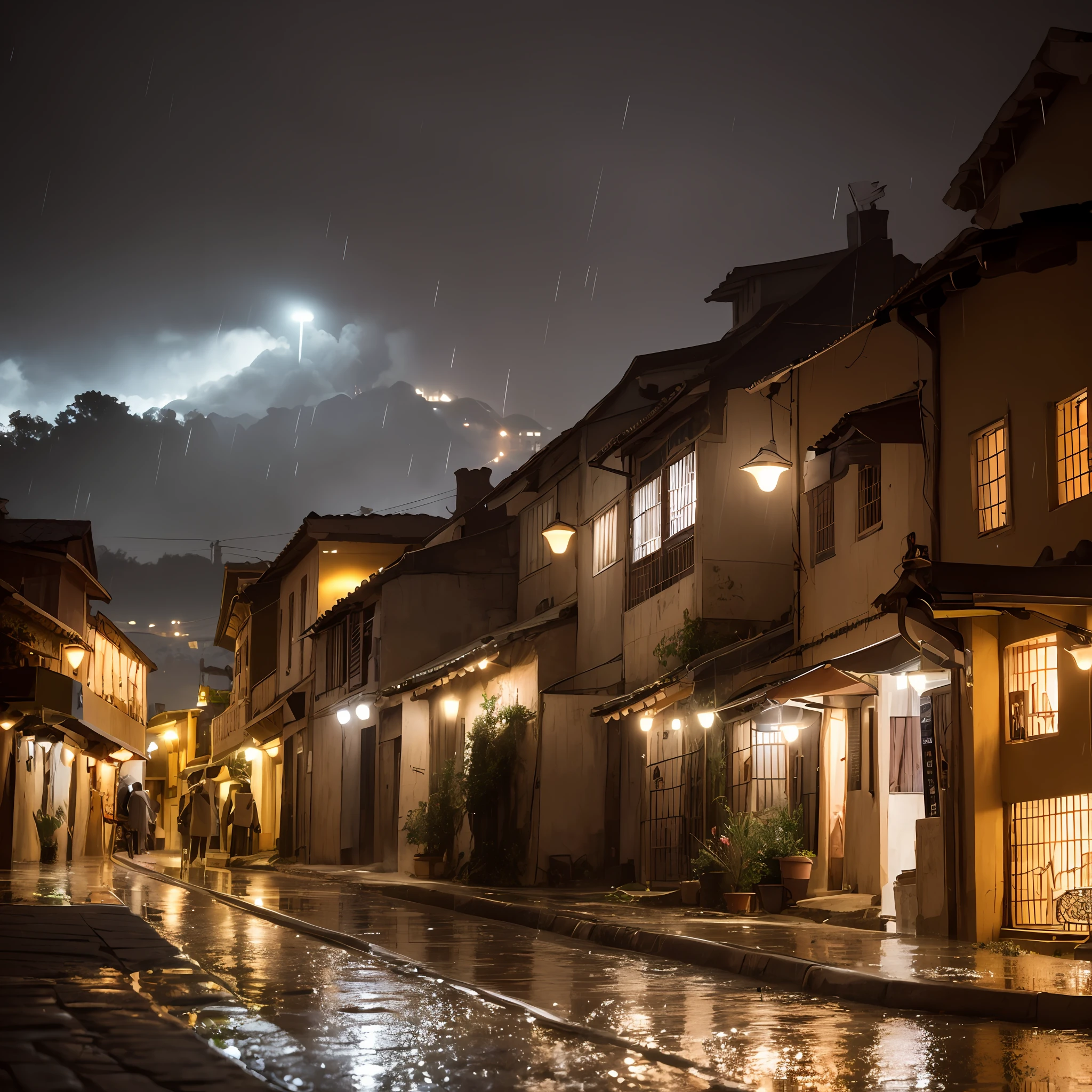 arafed view of a village with a lot of lights on the buildings, dreamy african town, african village, amazing wallpaper, afican town, african village, hyper realistic photo of a town, old afican village, africa city, by Raymond Han, rainy evening, cyberpunk Africa ancient castle, beautifully lit buildings, at evening during rain, beautiful and aesthetic, photography, cinematic, 8k, high detailed ((Heavy rain))) --auto