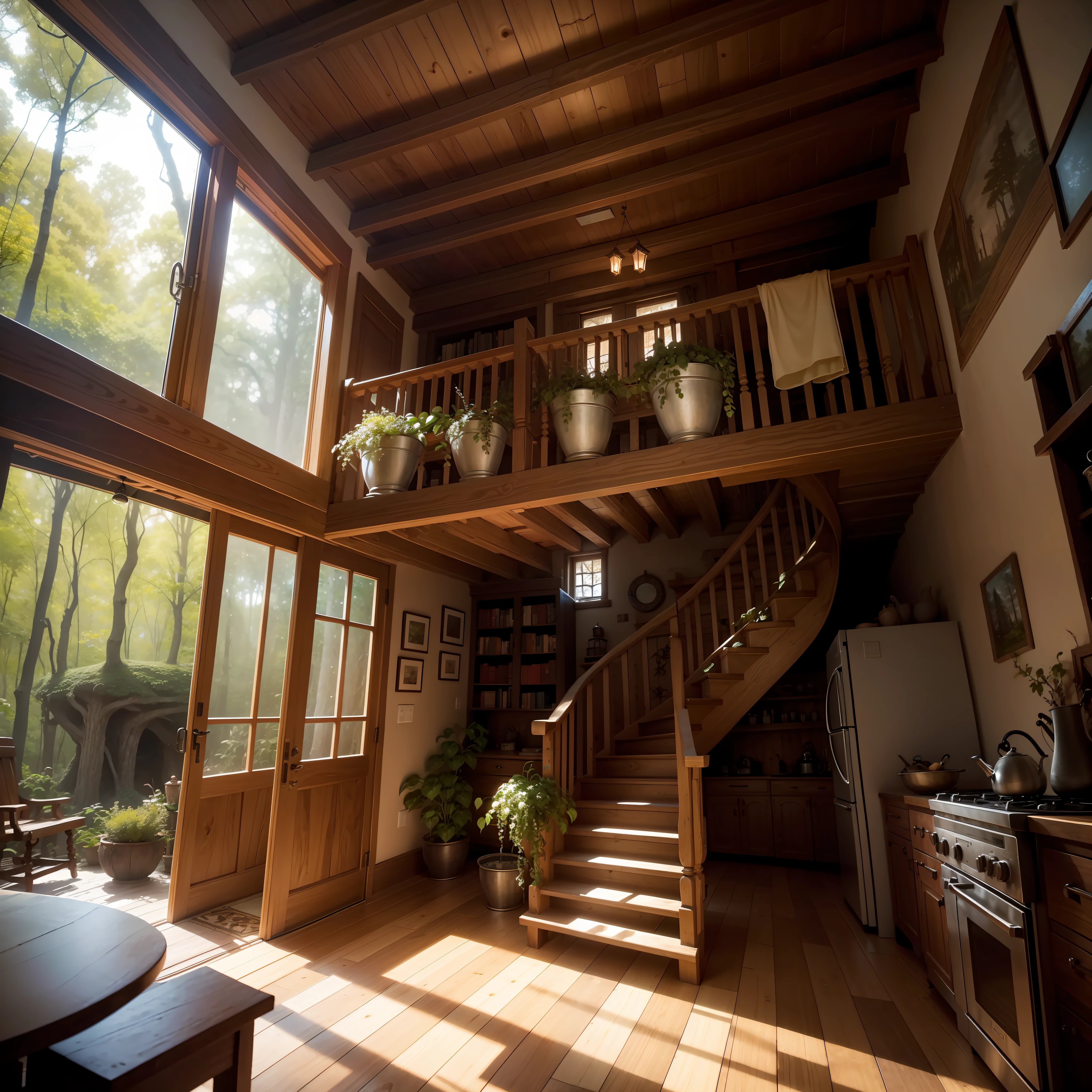 Imagine a magical treehouse nestled within an ancient forest. Picture a majestic oak tree, its branches spread wide, forming a natural embrace for the extraordinary dwelling. The treehouse stands tall, a harmonious blend of nature and architecture, invoking a sense of wonder and adventure.
The treehouse's exterior boasts a rustic charm, with handcrafted wooden planks, weathered by time and infused with the essence of the forest. Vines and climbing plants creep up its sides, adding an enchanting touch. Tiny fairy lights twinkle around the entrance, hinting at the magic that awaits inside.
Stepping through the wooden door, you enter a cozy interior adorned with plush cushions, inviting you to relax and unwind. Soft, natural light filters through intricately designed stained-glass windows, casting colorful patterns across the walls and floor. The air is scented with the sweet fragrance of the surrounding flora, creating an ethereal ambiance.
The treehouse is a multi-level sanctuary, with each level connected by winding spiral staircases crafted from twisted branches. On the first level, there's a quaint reading nook, complete with a small library filled with books on magic, myths, and adventure. A comfortable rocking chair sits by the window, offering a perfect spot to lose oneself in the pages of a captivating story.
Continuing upwards, you reach the main living area. The heart of the treehouse features an open-plan design with a cozy living room adorned with plush cushions and an assortment of exotic rugs. The centerpiece is a magical fireplace that emits a warm, radiant glow, perfect for those chilly forest nights.
The kitchen is modest yet fully equipped, complete with copper pots and pans that give it an old-world charm. A small dining area overlooks the sprawling canopy below, offering a breathtaking view of the forest at every meal.