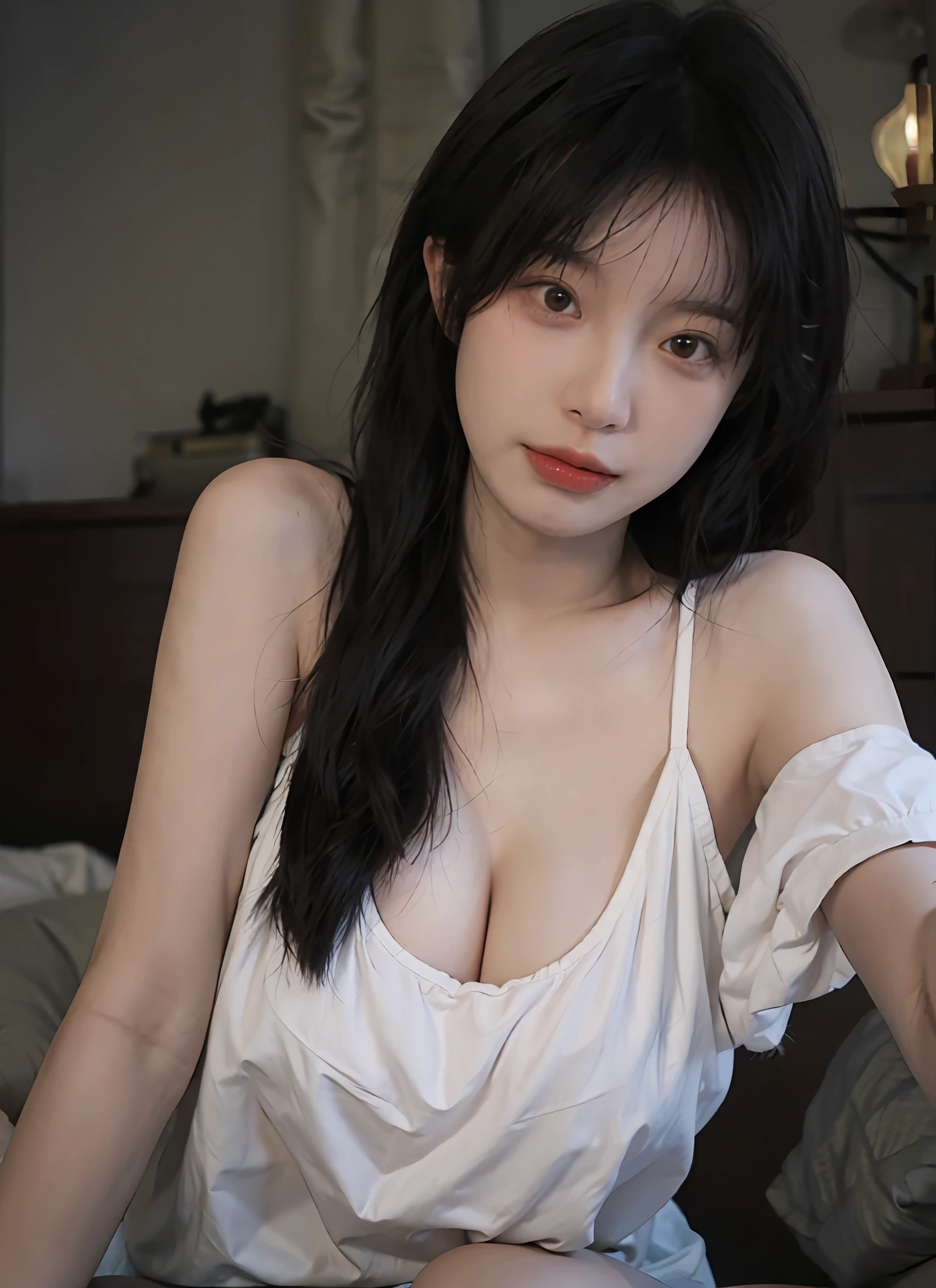 best qualtiy，tmasterpiece，超高分辨率，（realisticlying：1.4），2 girls，A pair of pure apricot eyes，looking at viewert，Raised sexy，（：1.2），（big cleavage breasts：1.3），（The upper part of the body：1.4）