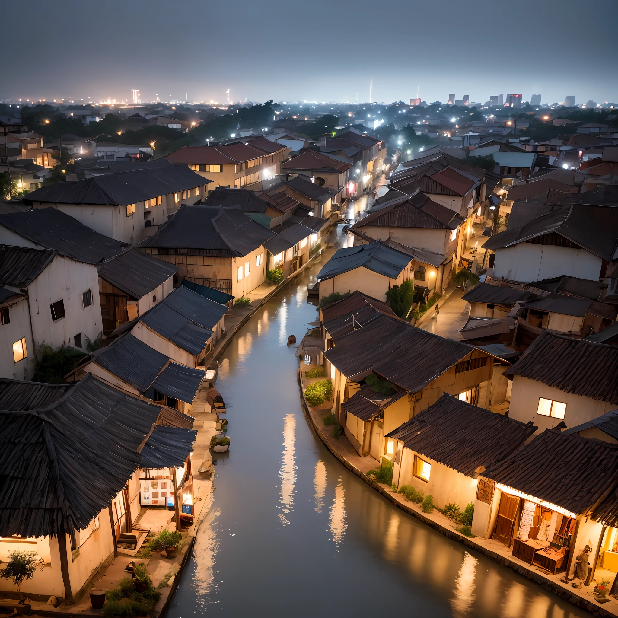 arafed view of a village with a lot of lights on the buildings, dreamy african town, african village, amazing wallpaper, afican town, african village, hyper realistic photo of a town, old afican village, africa city, by Raymond Han, rainy evening, cyberpunk Africa ancient castle, beautifully lit buildings, at evening during rain, beautiful and aesthetic, photography, cinematic, 8k, high detailed ((Heavy rain))) --auto