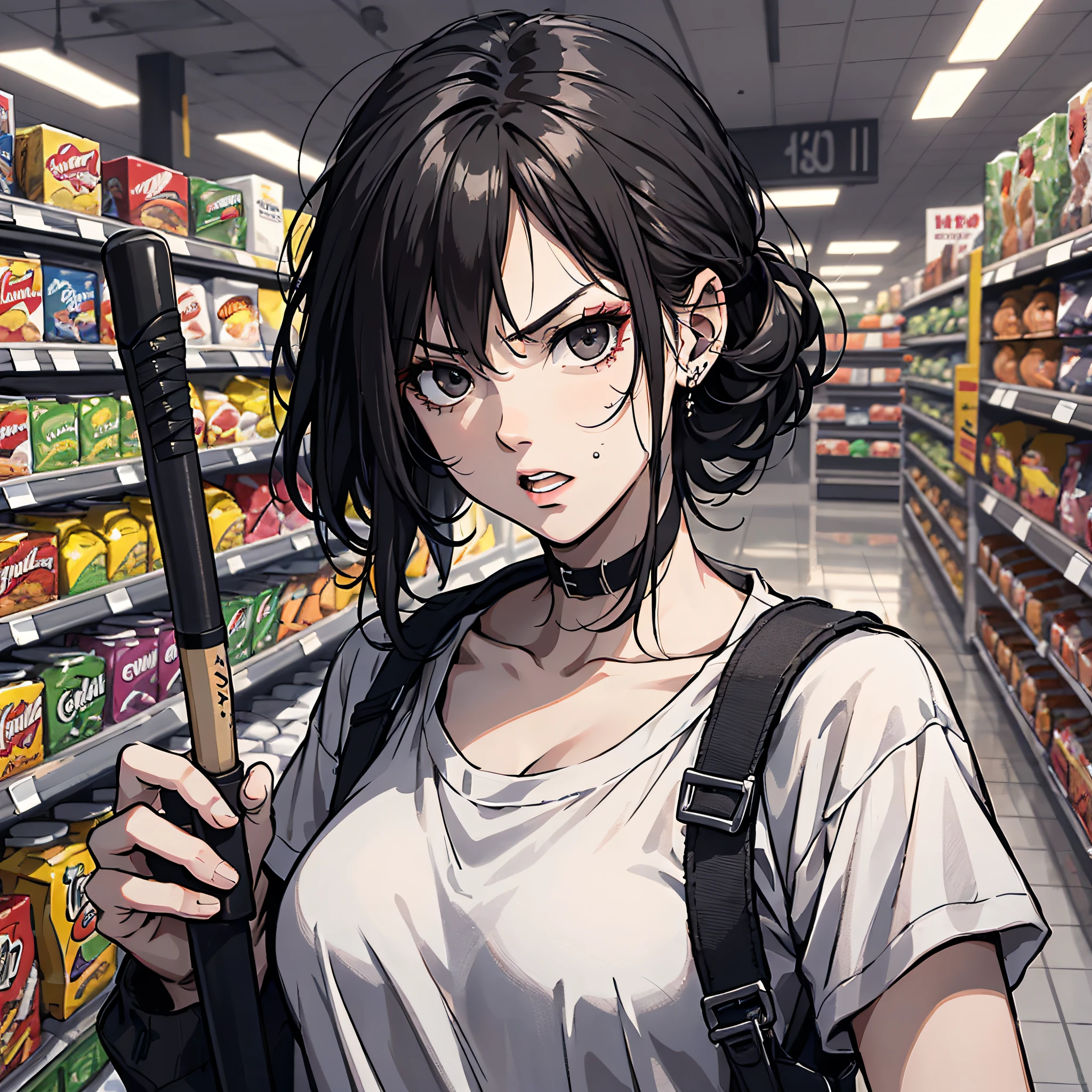 Ridiculous resolution,A high resolution,(tmasterpiece:1.4),Hyper-detailing,cabelos preto e longos, 1 middle-aged woman, Black eyes, White shirt,Holding a weapon,Supermarket,Zombie apocalypse,Zombie outbreak,With a baseball bat,attacking,angry look