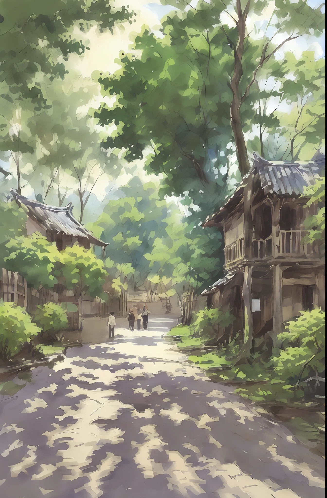 Watercolor painting, small path of Chinese rural houses, trees, bright sun, shade,